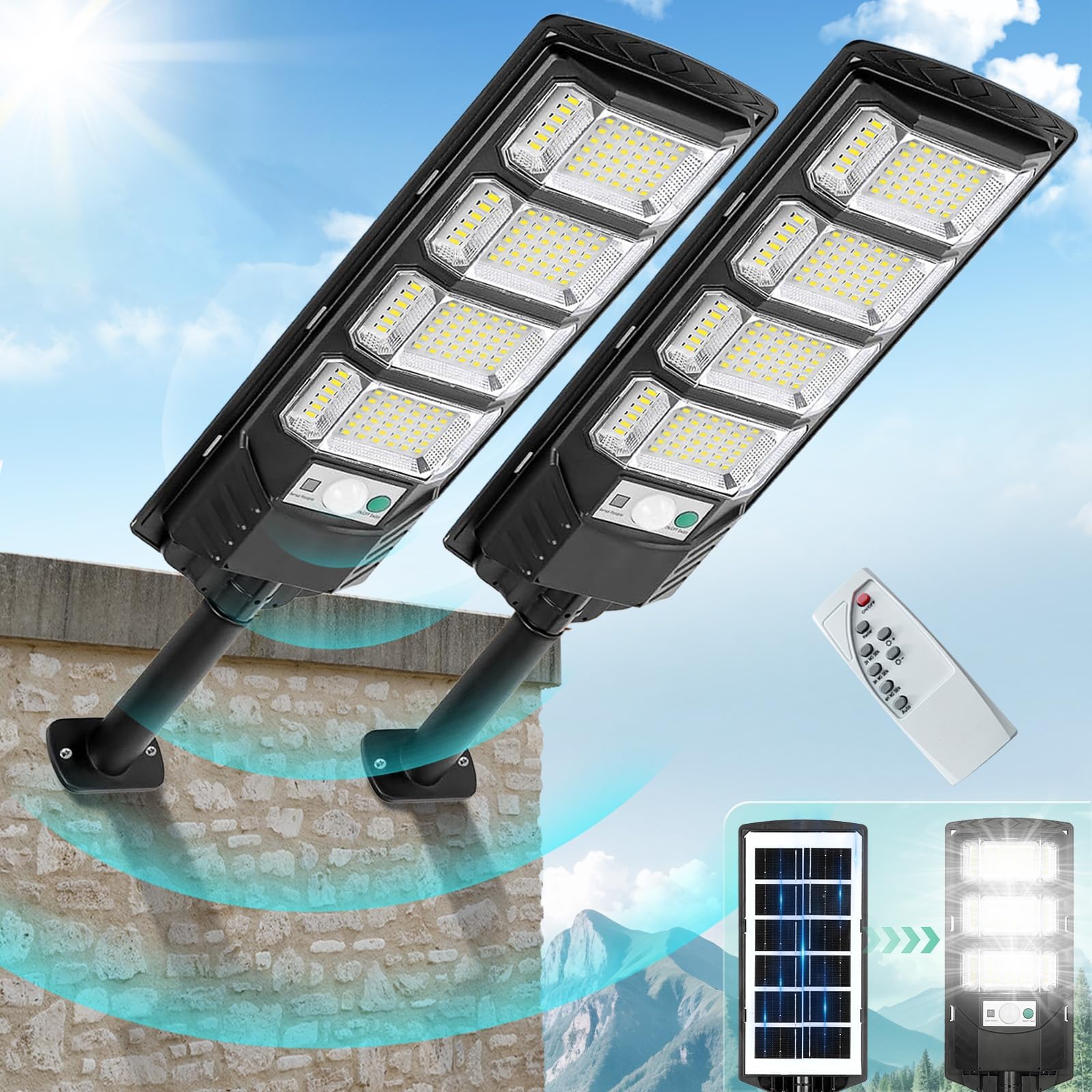 FOWSEEK Solar Street Lights Outdoor 2 Pack, 192 Beads Solar Lights Outdoor Waterproof with Motion Sensor, Flood Security Light w