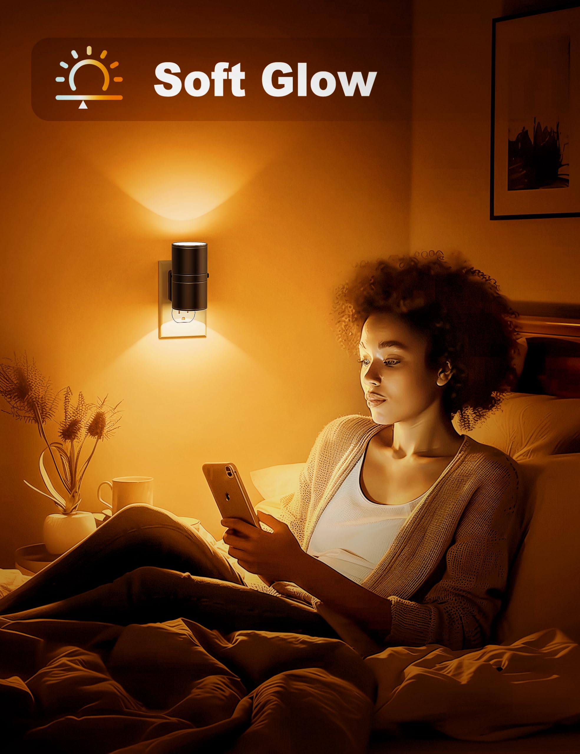 JandCase Amber Night Light Plug-in, Dimmable 0-100LM, Modern Auto On/Off, 2 Pack, Orange-Black Shade, Model C-GY06307US-