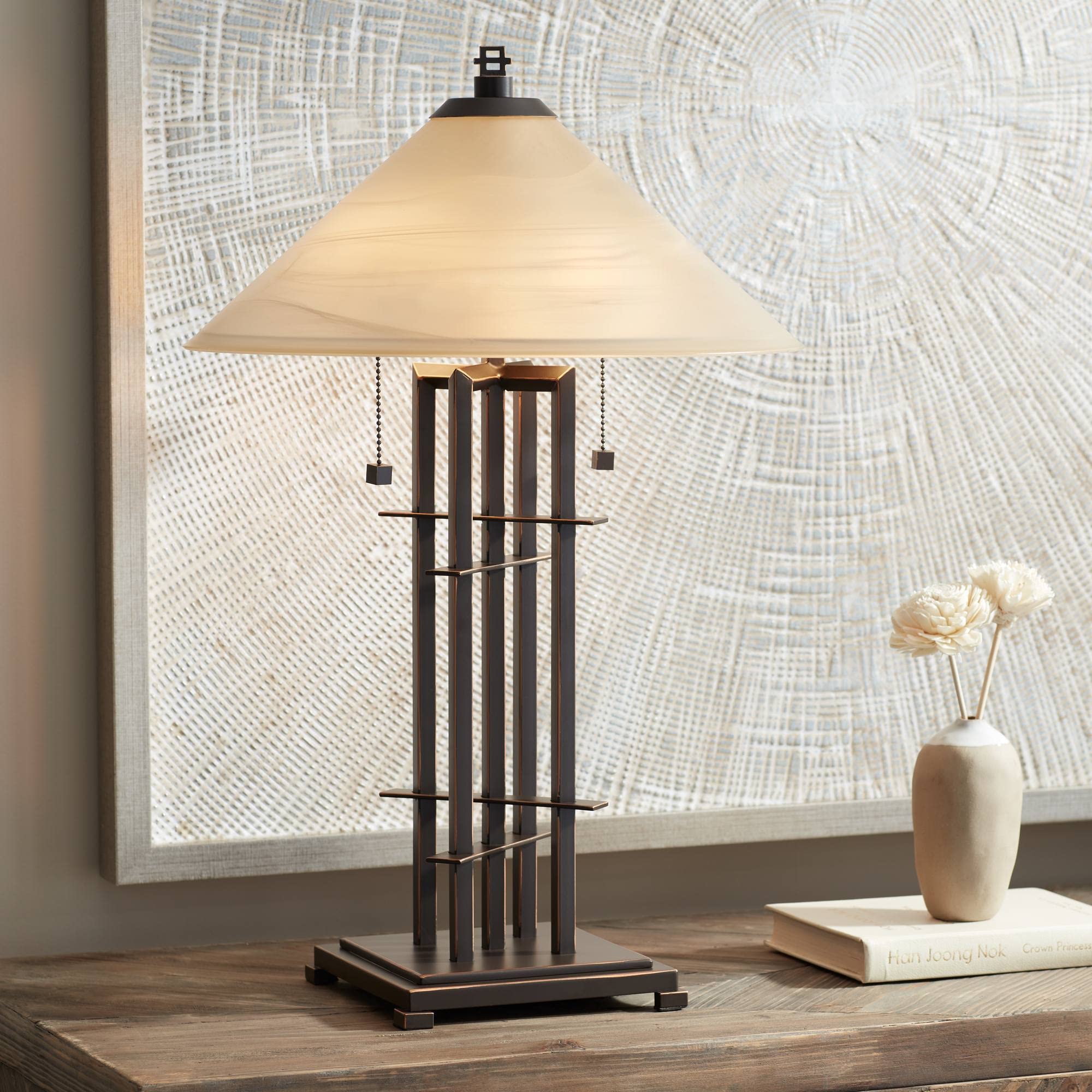 Franklin Iron Works Metro Collection Planes 'n' Posts Mission Rustic Accent Table Lamp 23.5'' High Bronze Cone Alabaster Art Gla