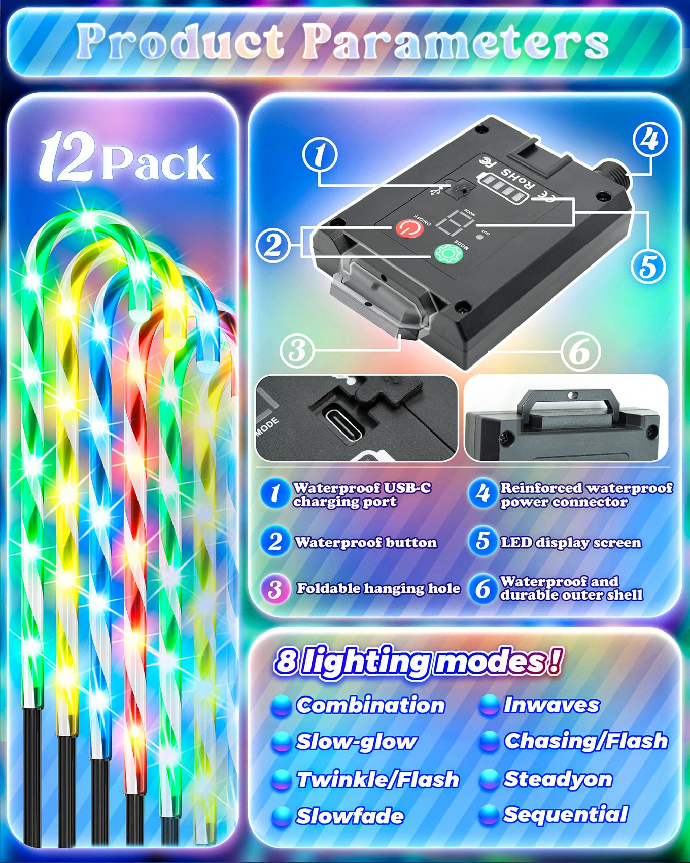 Anordsem Solar Christmas Decorations Outdoor: 21 Candy Cane Stake Lights 12 Pack - Waterproof Led 8 Colorful Lighting Models For Pathway Yard Garden Xmas Decor - 2026 New Year Gifts For Homeowners