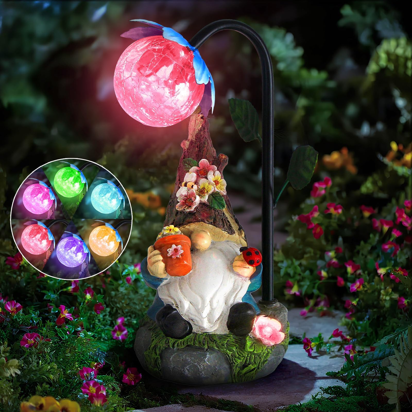 Sinhra Garden Gnome Statue - 9.4in Resin Figurine with Colorful Solar LED Lights - Blue Outdoor Decor for Patio, Yard, Lawn, Porch