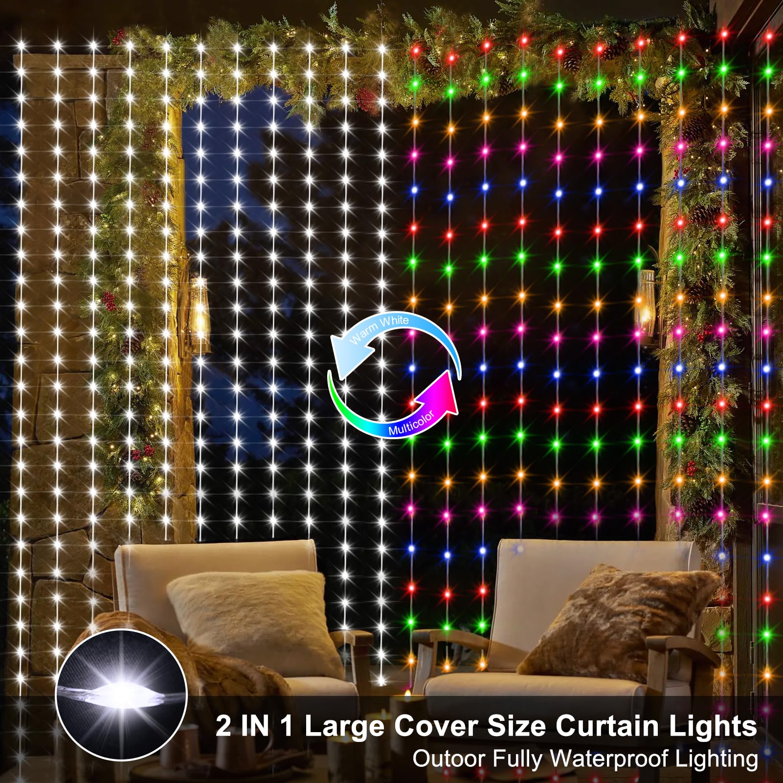 echosari 20Ft x 10Ft Curtain Lights, 600 LED Dual Color Waterproof with Remote, Cool White & Multicolor, Model DMO-300