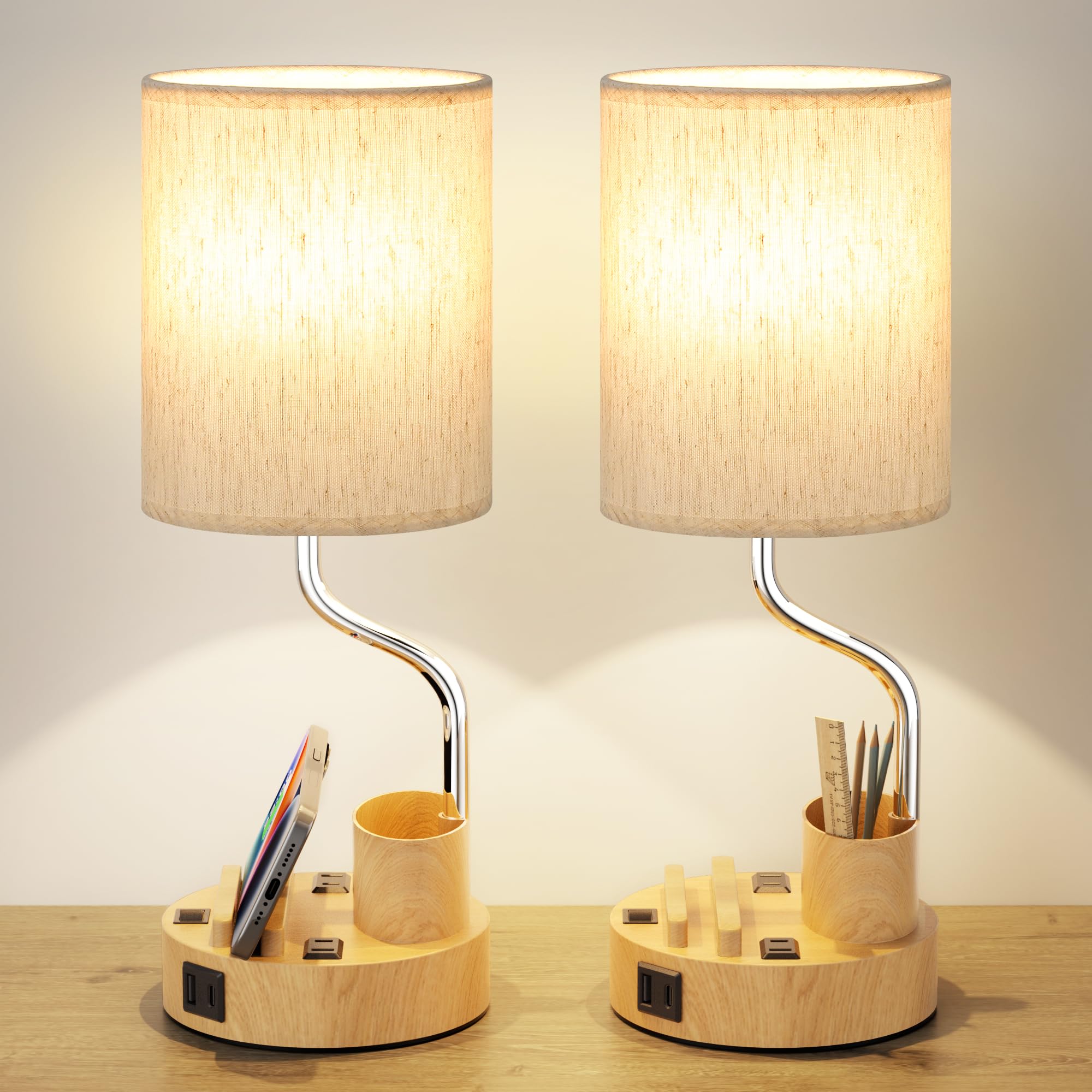 Bedside Table Lamps for Bedroom Set of 2 - Nightstand Light with AC Outlet and USB A & C for Charging, 3 Color Temperatures Wood