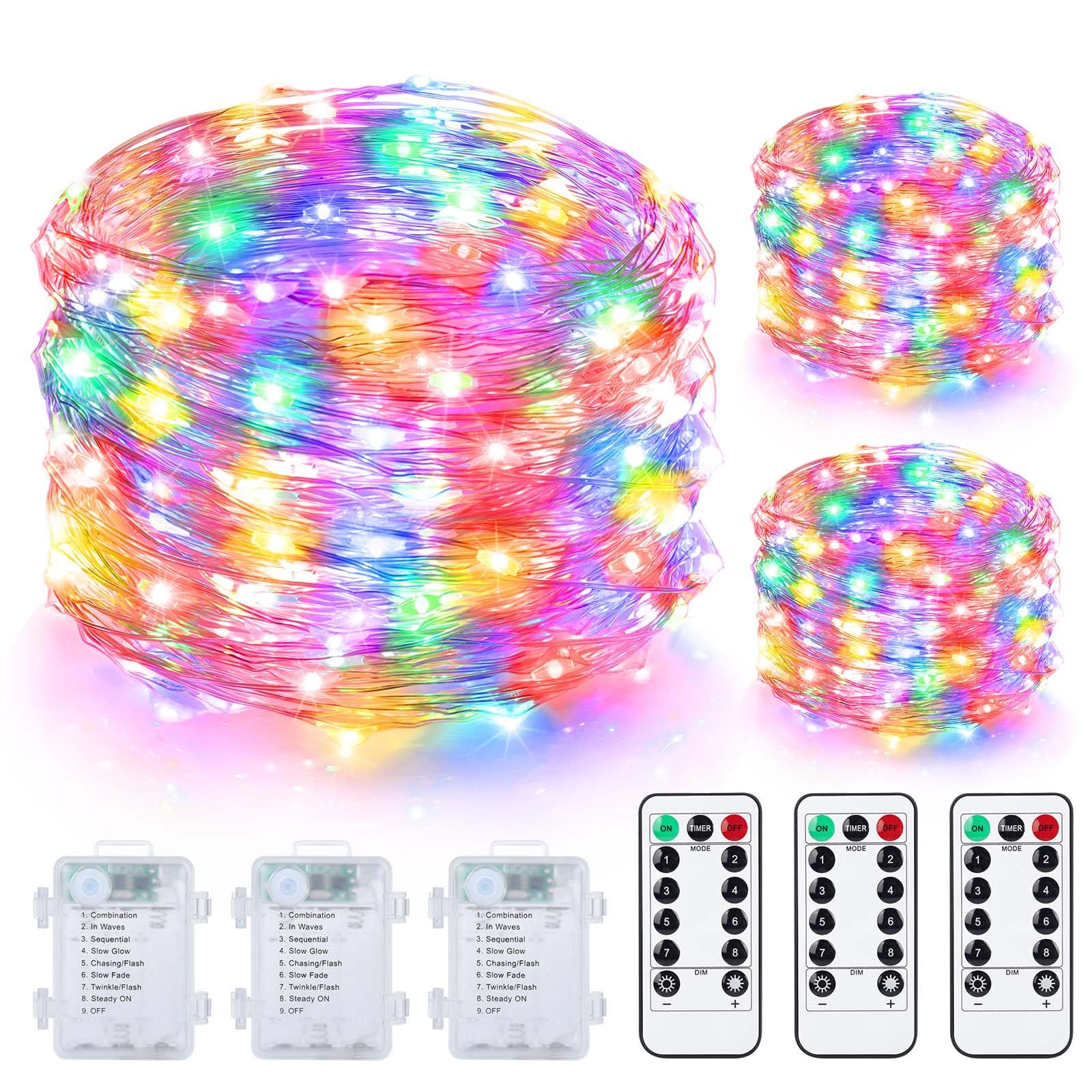 Mlambert 3 Pack 33FT Fairy Lights Battery Operated with Remote and Timer, Dimmable Waterproof 8 Modes Twinkle Lighting for Girl Room Decor-Multicolor