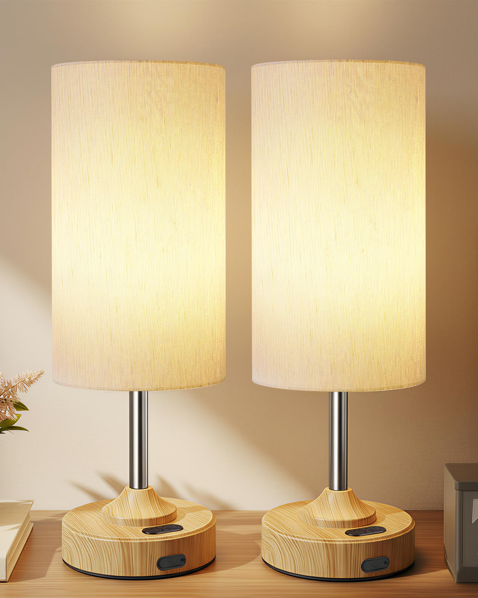 Rechargeable Table Lamp  2-Pack  Ambient Light  Dimmable  2700K  Timer  Touch Control  Portable  LED  Wireless  Cordless e  Battery Operated  Desk Lamp  Kitchen Lamp  Fabric Shade  Wood-Grain Finish