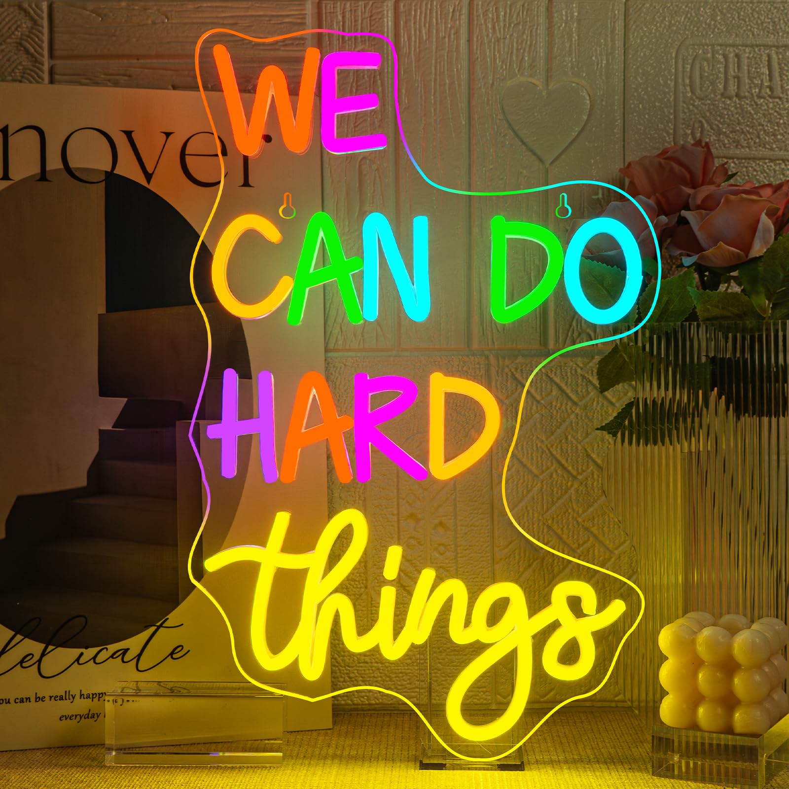 Faxfsign We Can Do Hard Things Neon Sign Classroom Led Neon Light Kids Wall Art Decor For Bedroom Library Office Postive Inspirational Children Students Birthday Gifts