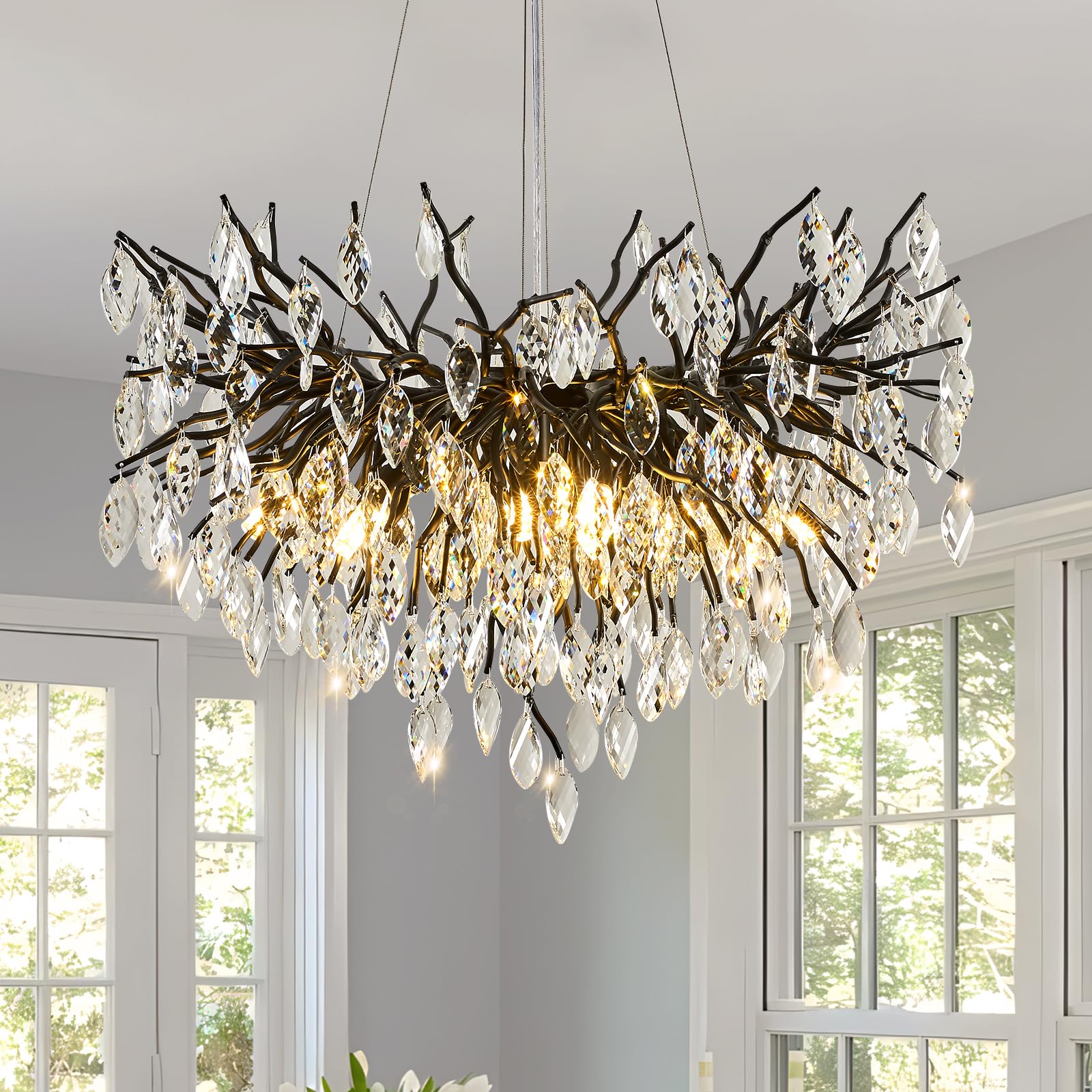EWIMXSVC Modern Black Crystal Chandelier  D24 Round Tree Branch Chandelier Living Room Bedroom Bathroom 8 Lights K9 Crystal Chandeliers for Dining Room High Ceiling  Kitchen Island  Foyer  Staircase