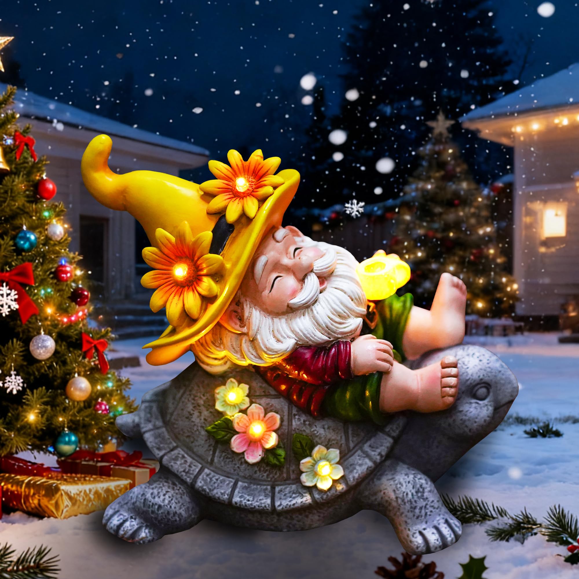 Cffownug Christmas Garden Gnomes Outdoor Decor: Funny Sunflower Gnome Sitting On Turtle With Solar Lights Outside Decoration For Lawn Yard Patio Garden Gifts For Women