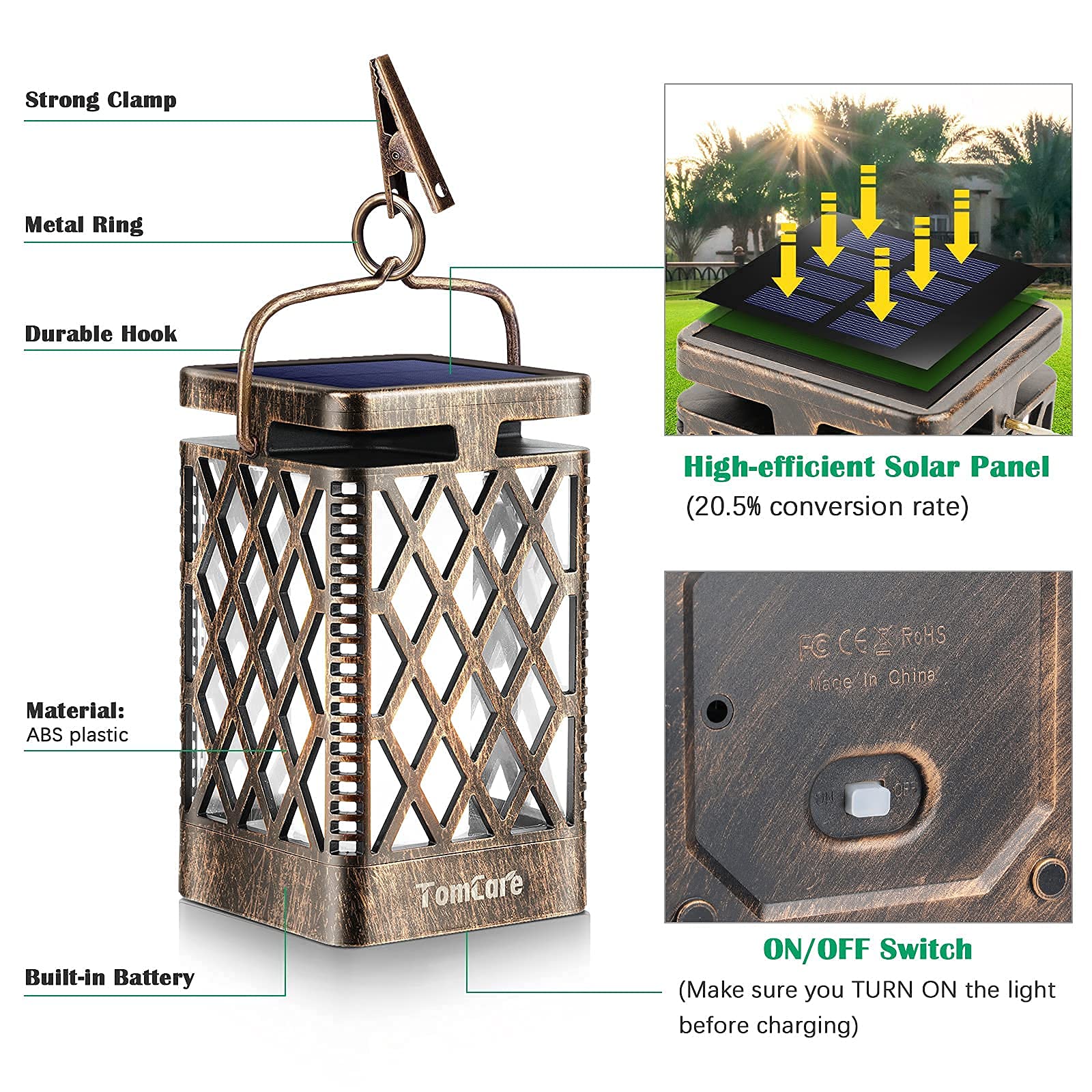 TomCare Solar Lights Outdoor Lanterns, 2 Pack Bronze, Waterproof LED Flickering Flame for Patio Garden Deck