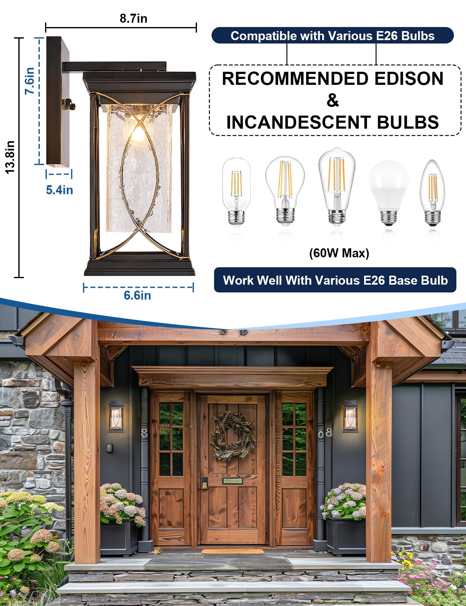 Delicavy Dusk to Dawn Outdoor Wall Light - Waterproof Aluminum Sconce, Black with Gold Trim, Large, Model L-920