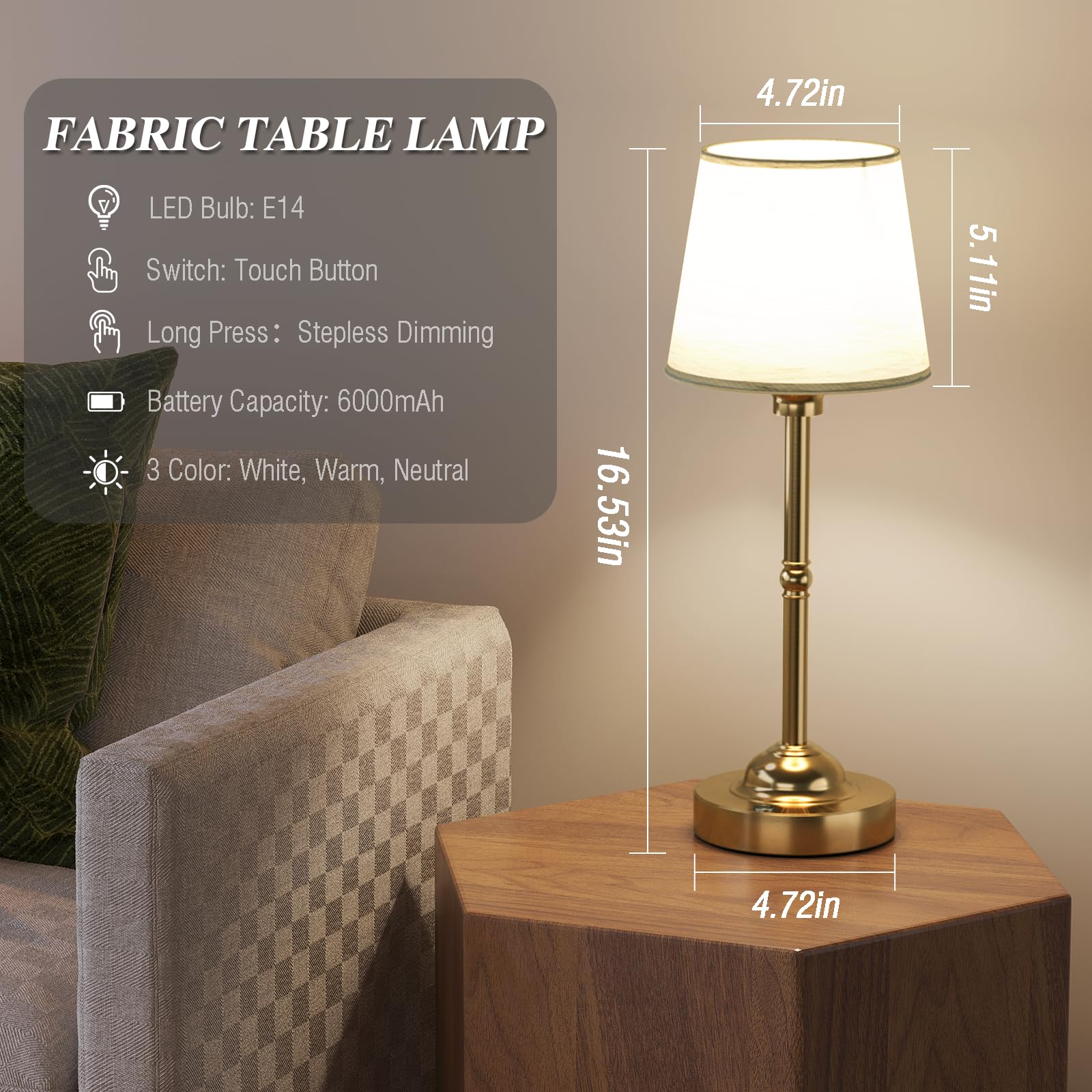 CHLORANTHUS Cordless Table Lamp - 3 Colors, Stepless Dimming, 6000mAh Rechargeable, Fabric Desk Lamp, White 1 Pack, Model 2 Pack