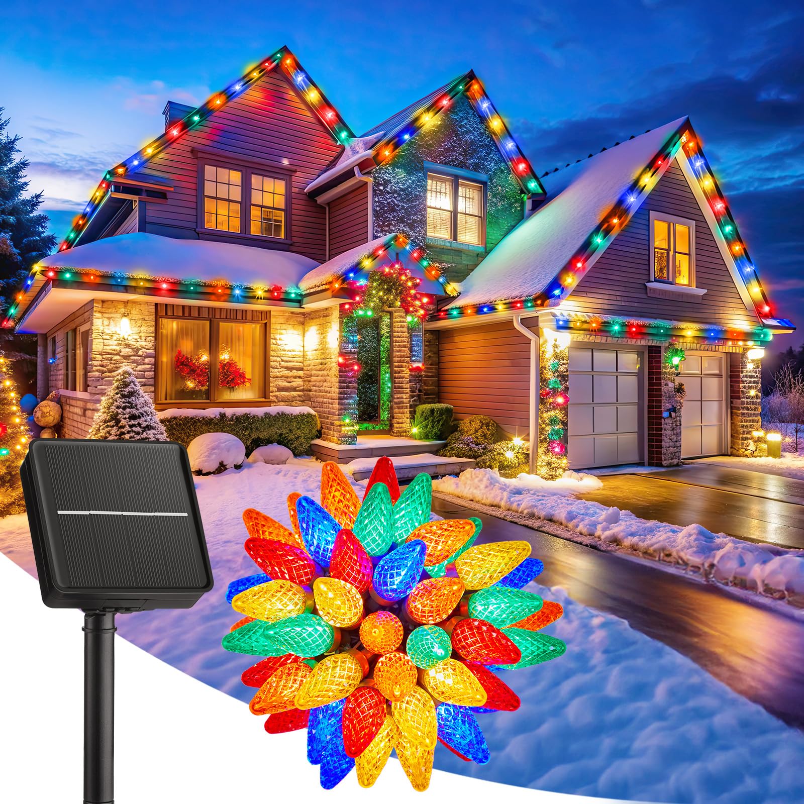 Minetom Solar Christmas Lights, 50 LED C9 Multicolor String Lights, Waterproof with Timer & 8 Modes for Outdoor Garden Party Decoration
