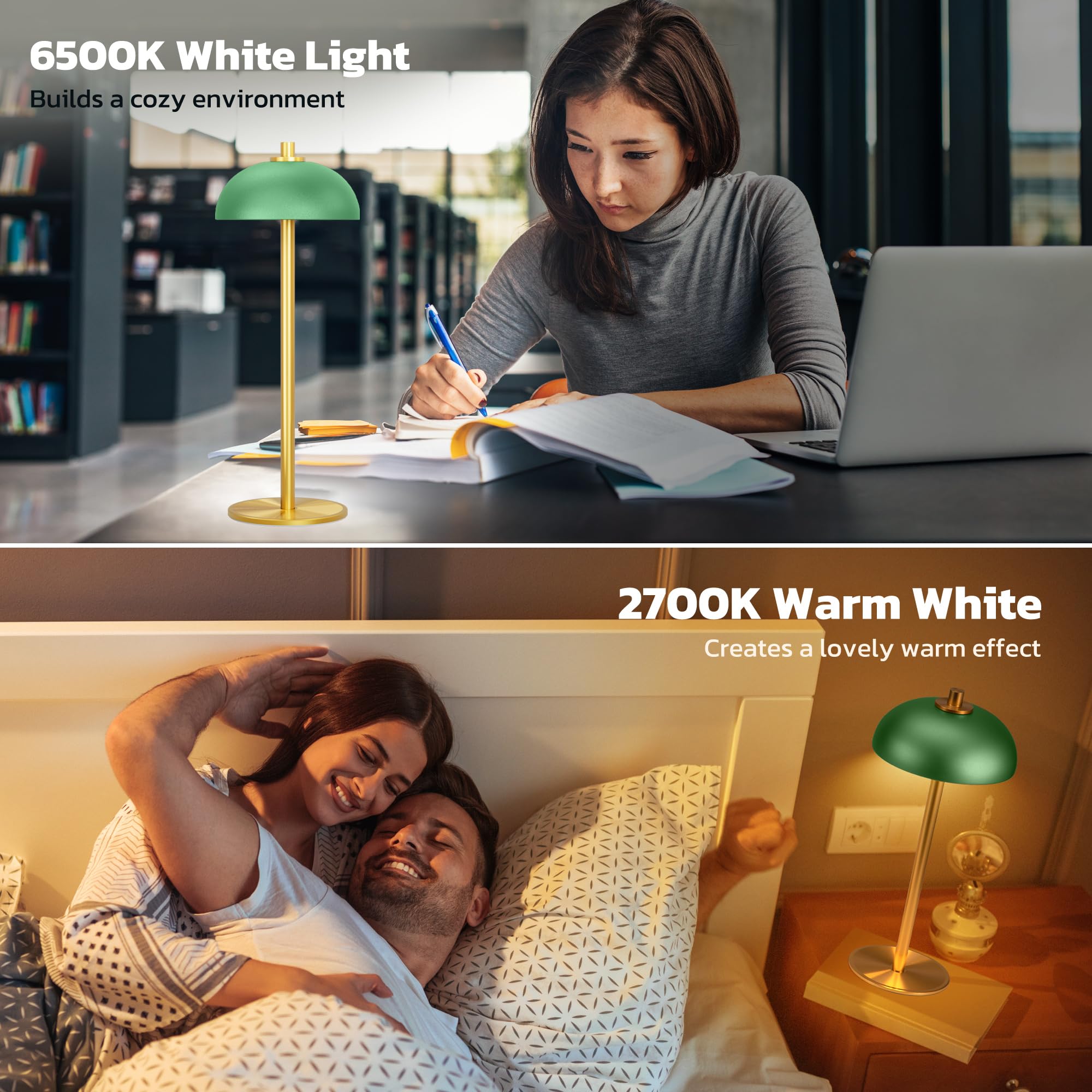 JONEMO Cordless Table Lamp, 5000mAh Rechargeable, 3 Color Modes, Aluminum, Green, Model MOGU