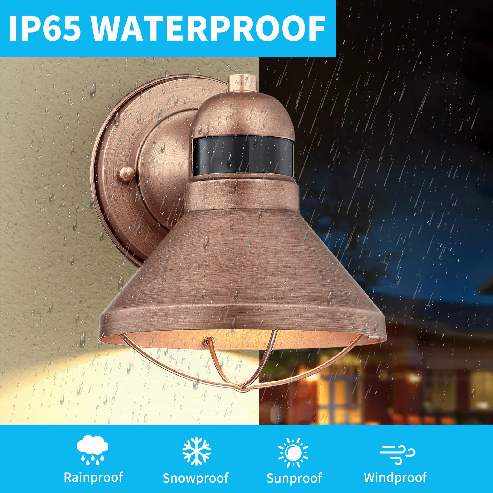 LONEDRUID Motion Sensor Outdoor LED Barn Light, Waterproof Wall Sconce, Bronze Farmhouse Design for Garage, Patio, and Porch