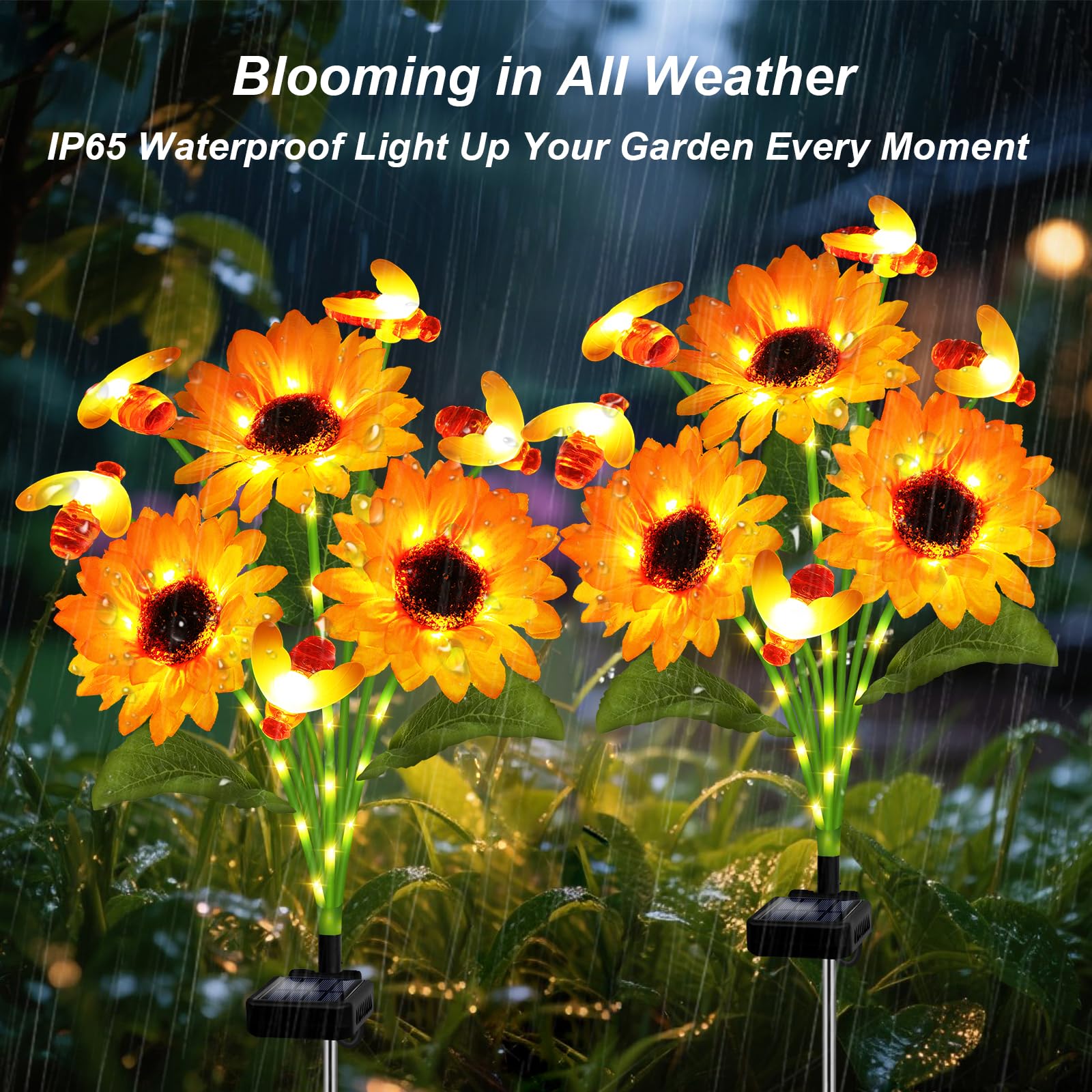 ANGMLN Solar Garden Lights - 4 Pack Swaying Bee with Sunflowers, Warm White, Waterproof Outdoor Decor, Model XM-6Tsunflowerbee-4