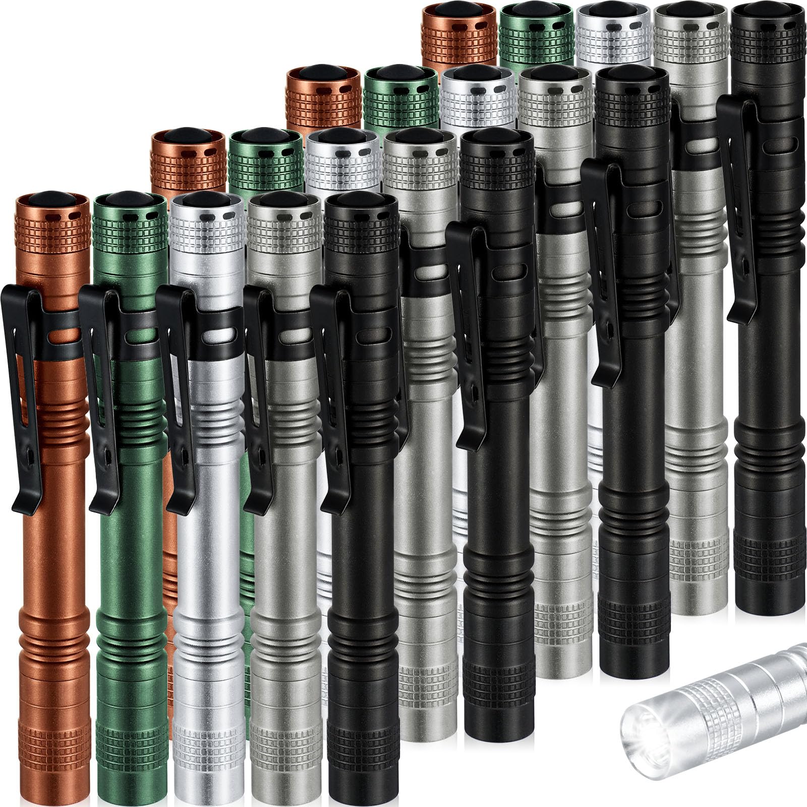 Hortsun Mini Pen Light Flashlights, 5.12 Inch LED Torches, Aluminum, Assorted Colors: Black, Green, Brown, Silver White, Gray, 20 Pcs