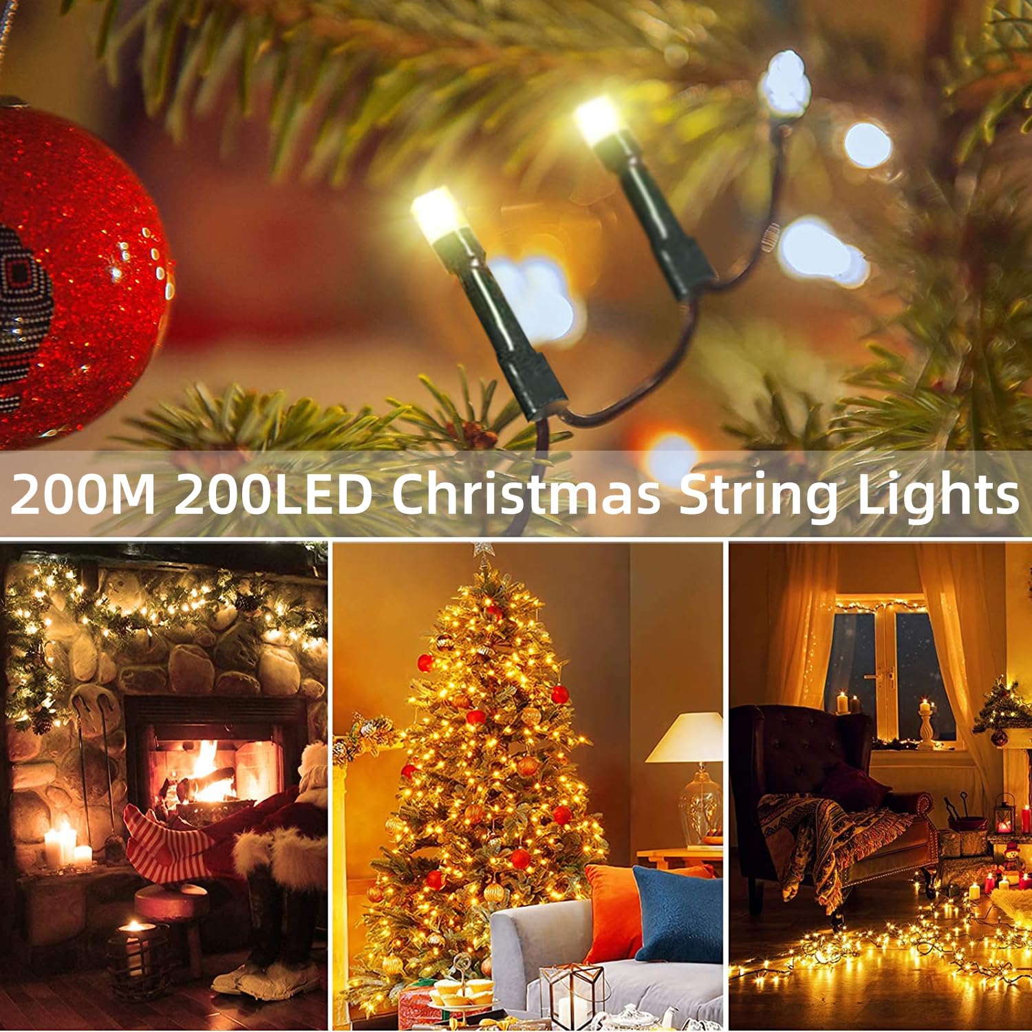 Kouqiya Battery Operated Christmas Lights, 16.5 Ft 50 Led String Lights Dark Green Wire With Remote Timer 8 Modes Fairy Lights For Christmas Tree Decor (Warm White, 50 Led-4 Pack)