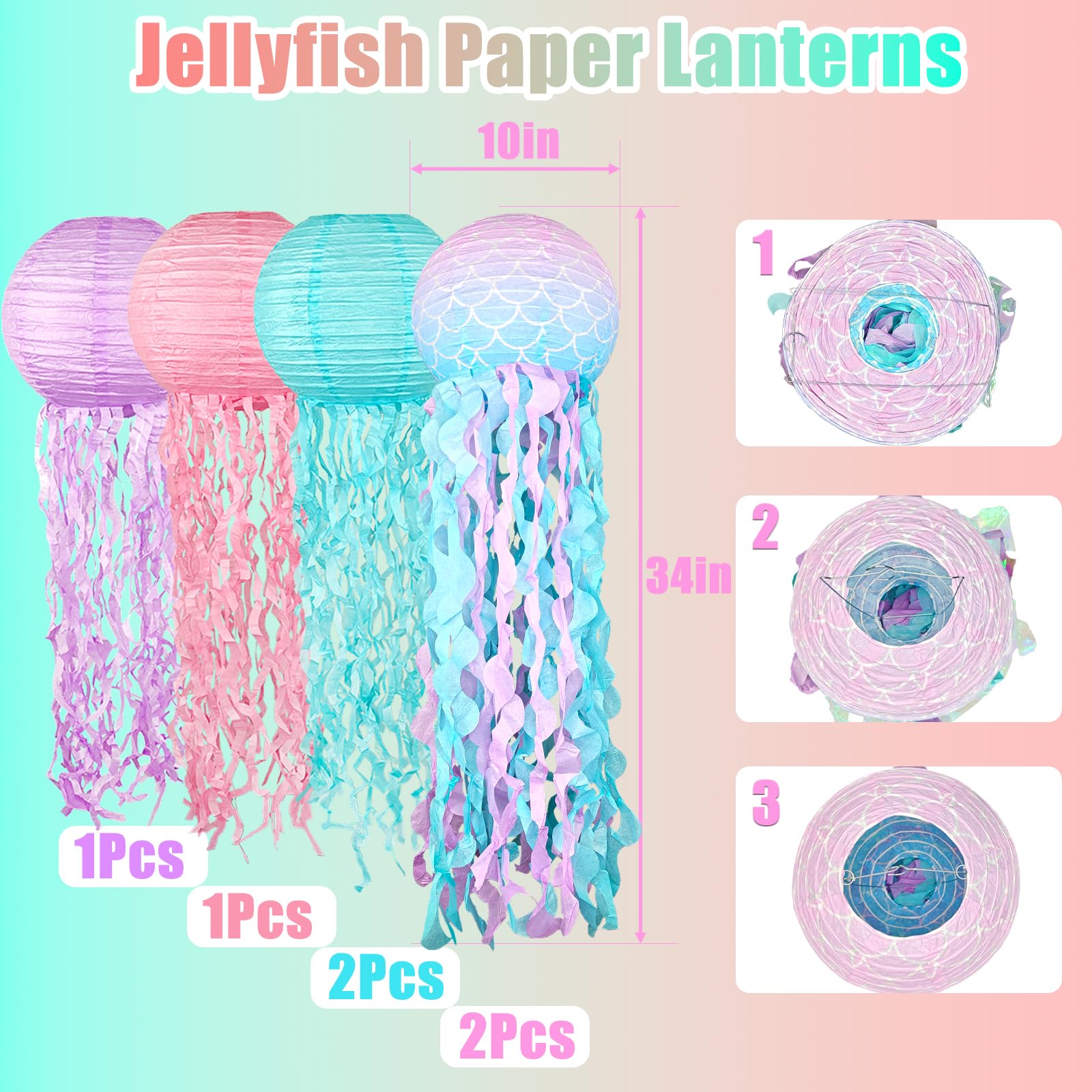 Blue Pink Purple Hanging Jelly Fish Paper Lanterns, Gradient Colorful Paper Lanterns For Mermaid Theme Party, Under The Sea Birt