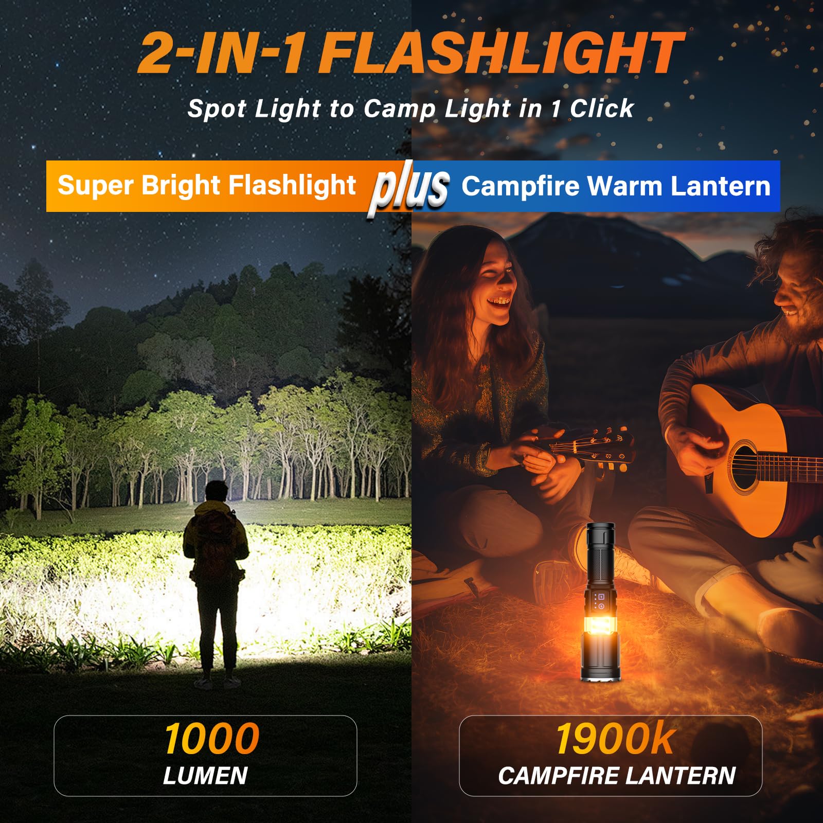 Tepreswes Rechargeable Flashlight K3 - 1000 Lumens, Black Aluminum, 8 Modes, Ideal for Camping and Emergency Use