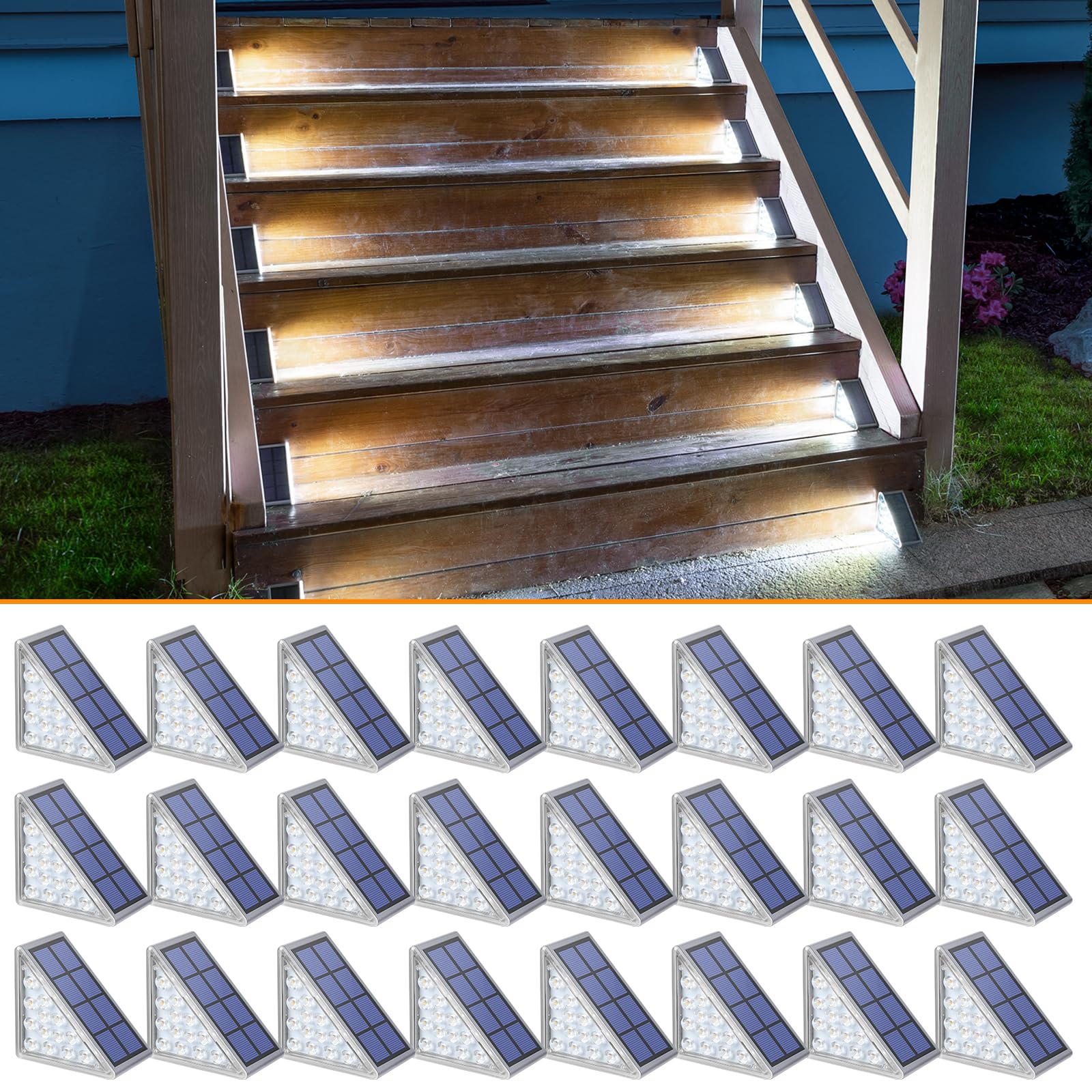 NIORSUN Solar Step Lights, 24 Pack Cool White, IP67 Waterproof, Auto On/Off, Outdoor Stair Lights for Patio, Yard, Deck, Model ABE110-A