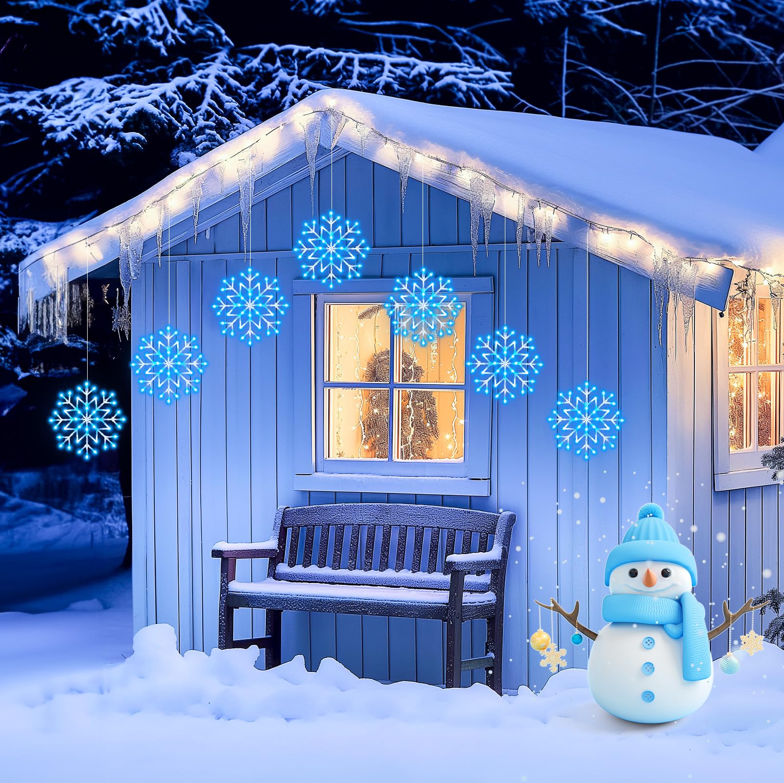 Brightown Christmas Snowflake Icicle Lights - 10.5ft 5 Drops, Blue & White, 240LED, 8 Modes, Outdoor/Indoor Decor