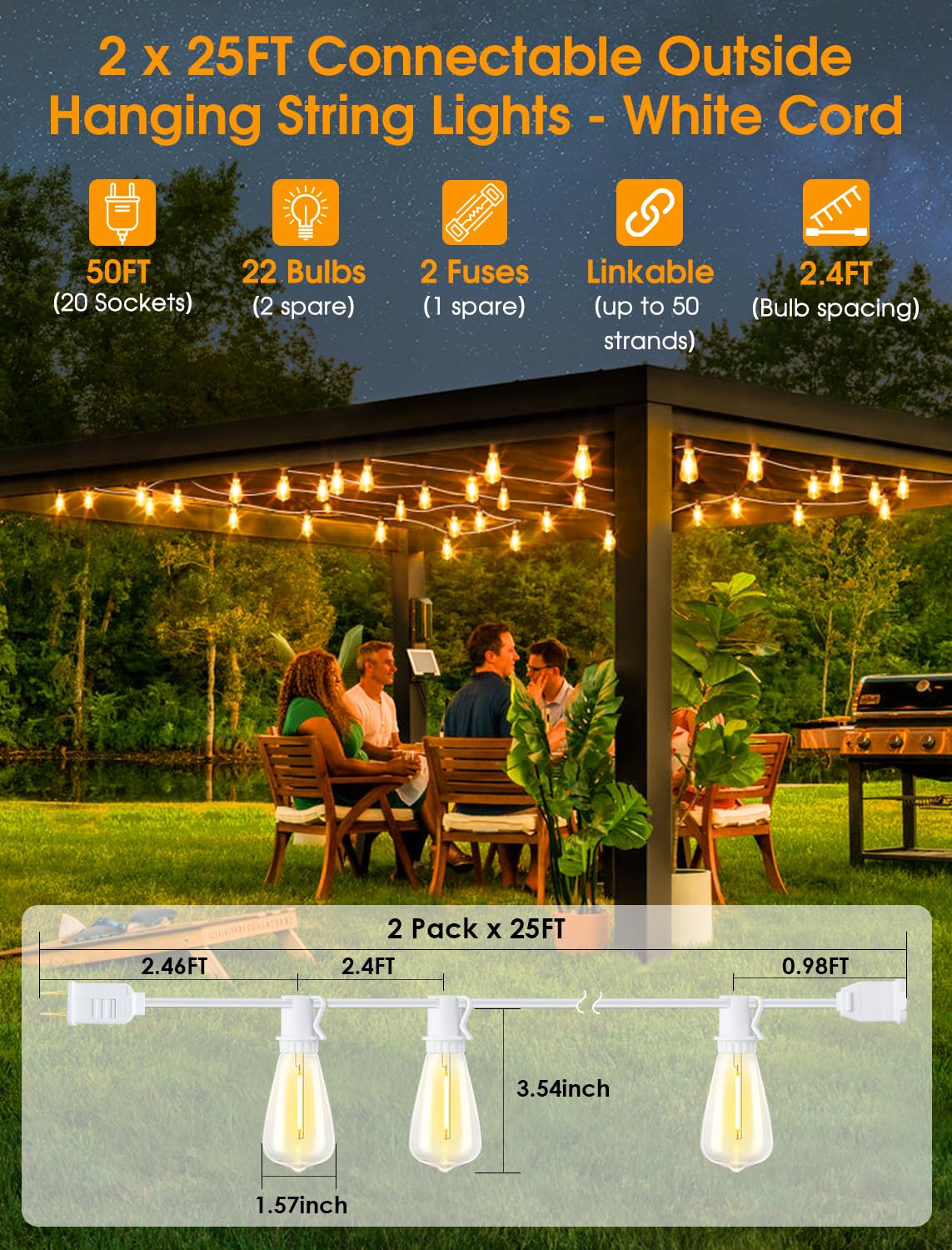 Larkvue Outdoor String Lights, 50FT with 20+2 Dimmable LED Vintage Bulbs, Waterproof, White, Model GLS-20J2P-E17-ST38-15