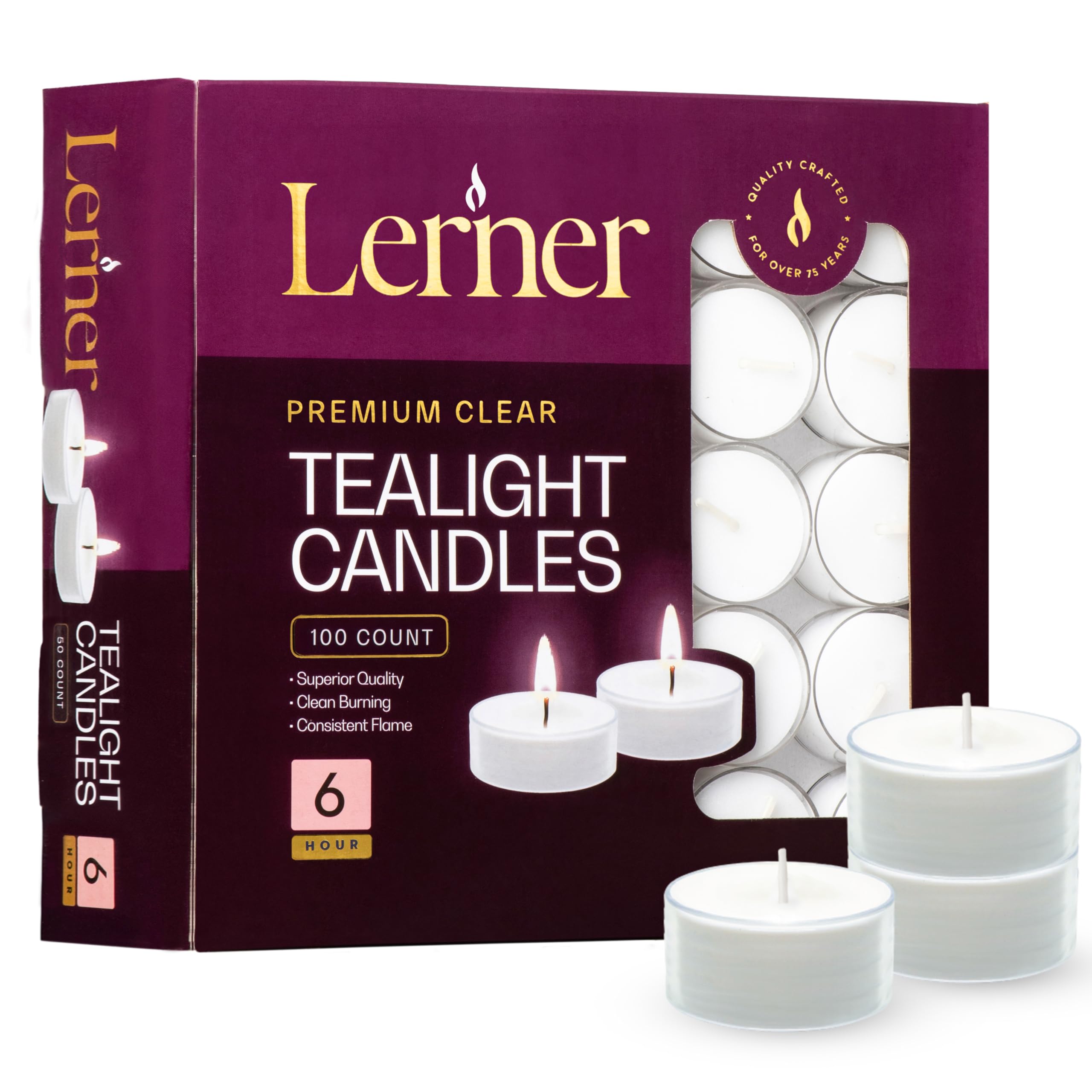 Lerner Tealight Candles In Clear Cups  100 Count| 6 Hours Long-Burning White Tea Light Candles| Non-Toxic  Smokeless & Soot-Free Tea Light Warmer Candles | Unscented Party  D?Or  Shabbat Tea Candles