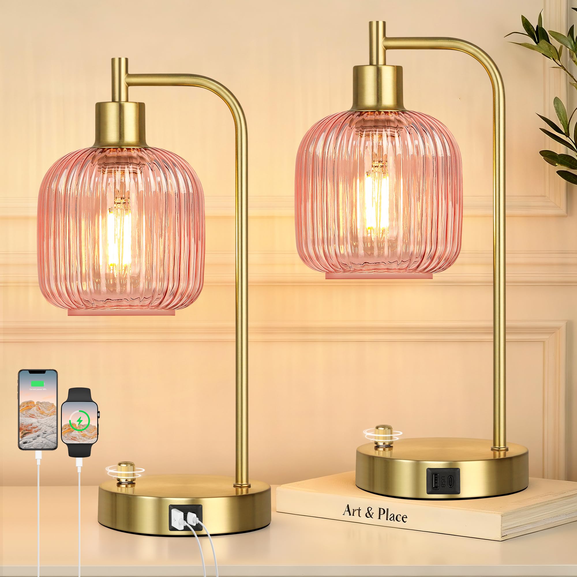 QiMH Industrial Table Lamp for Bedroom Set of 2  Pink Glass Beside Lamp with USB A&C Ports  Stepless Dimmable Gold Lamps  Nightstand Lamps for Living Room  Office  Home Decor(Bulb Included)