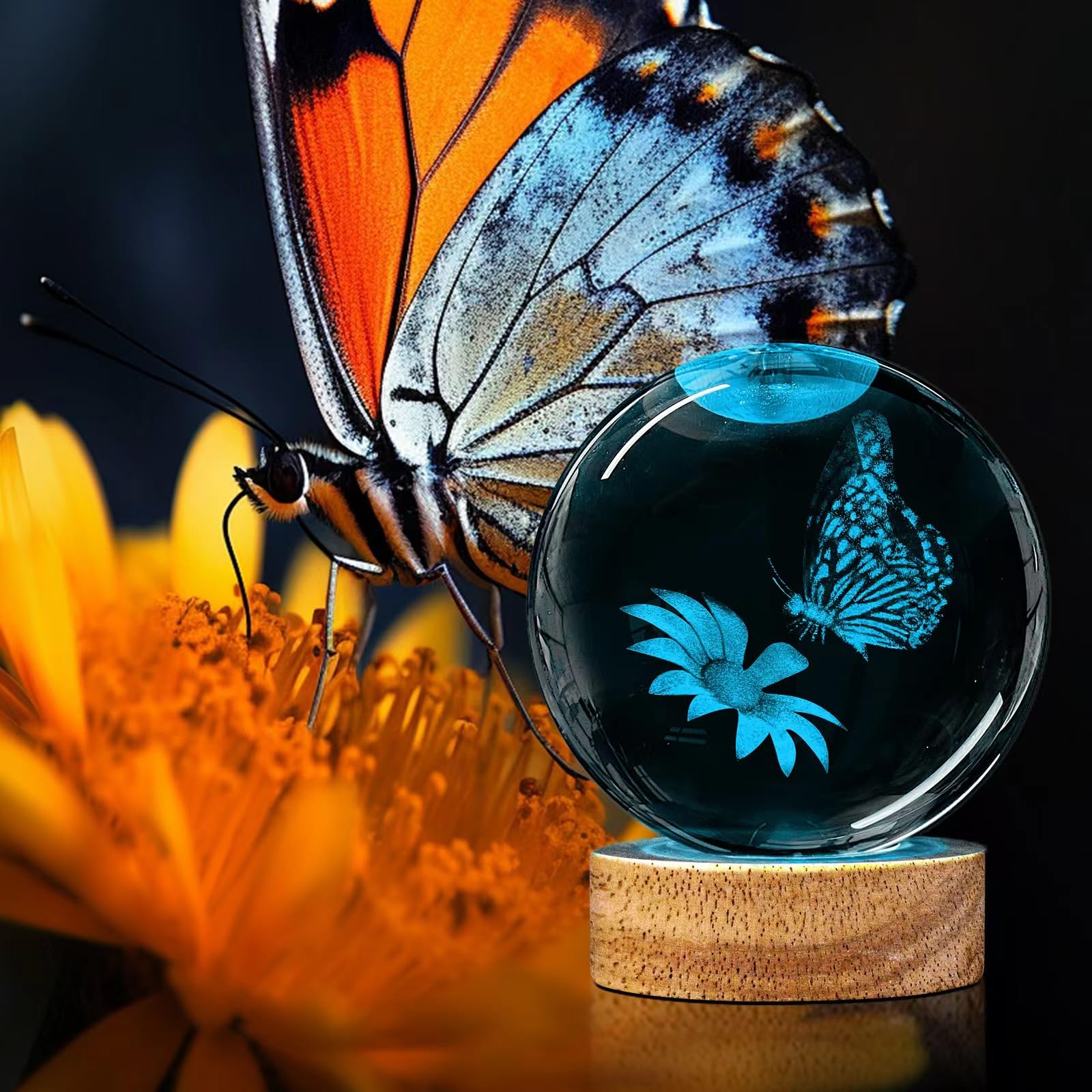 Huntalg 3D Butterfly Crystal Ball Night Light Upgraded 3.15 In Butterfly And Flower Figurines Glass Ball Lamps With 16 Color For