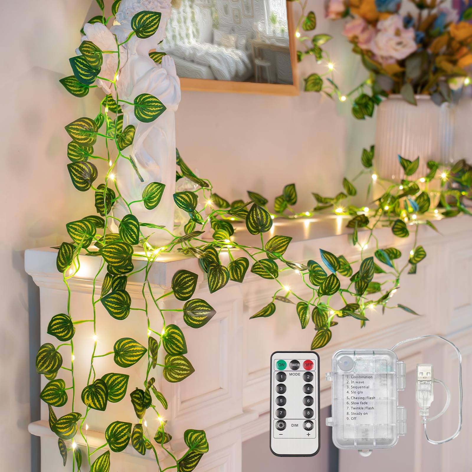 suddus Vines with Fairy Lights Battery & USB Powered Operated  33ft 100 LED Watermelon Leaves String Lights with Remote  Artificial Plants for Indoor  Bedroom  Wedding  Wall  Party Decor(Warm White)