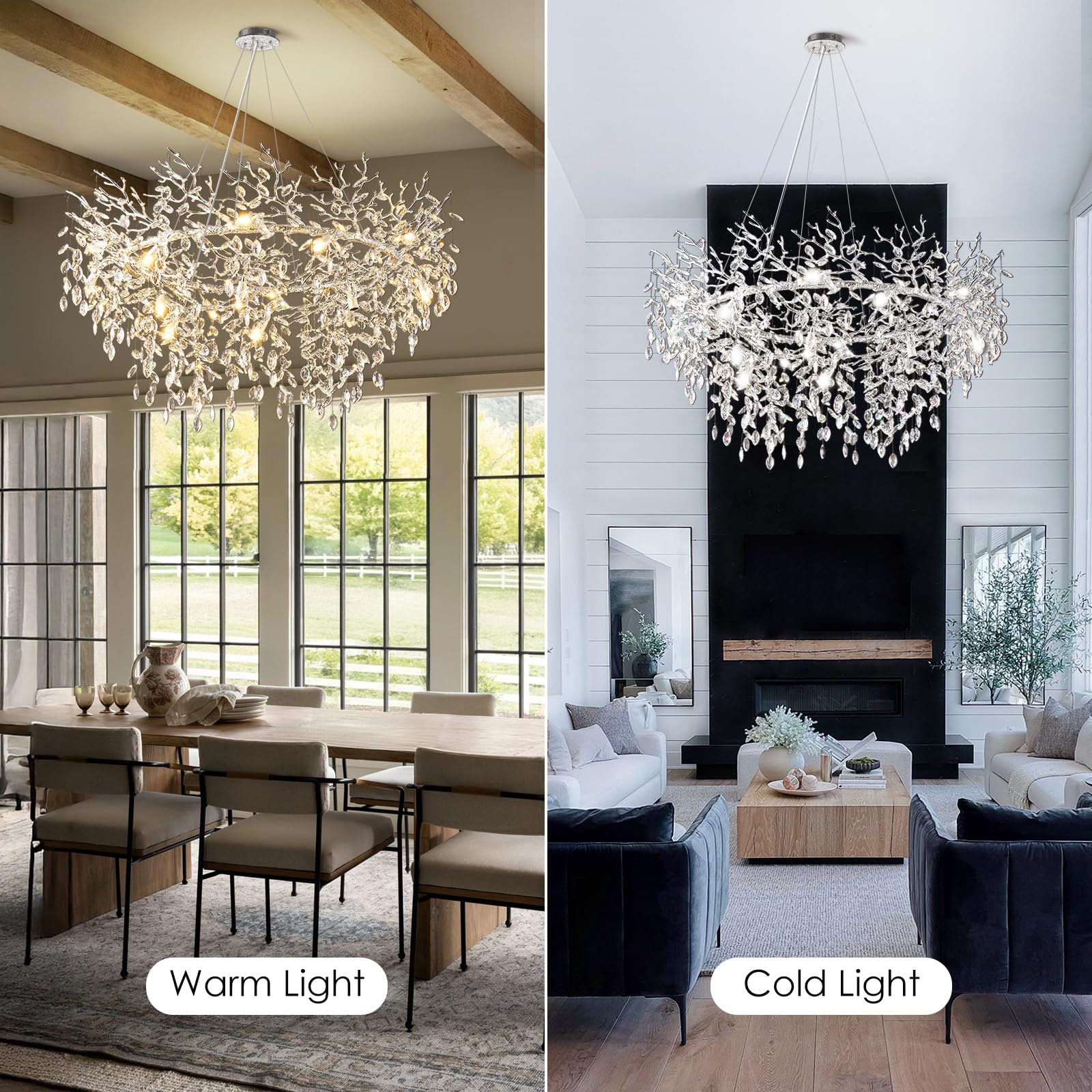 Kvtinmty 14-Light Round Silver Crystal Chandelier, 48" D, Modern Design for Living Room, Dining Room, Bedroom, Foyer
