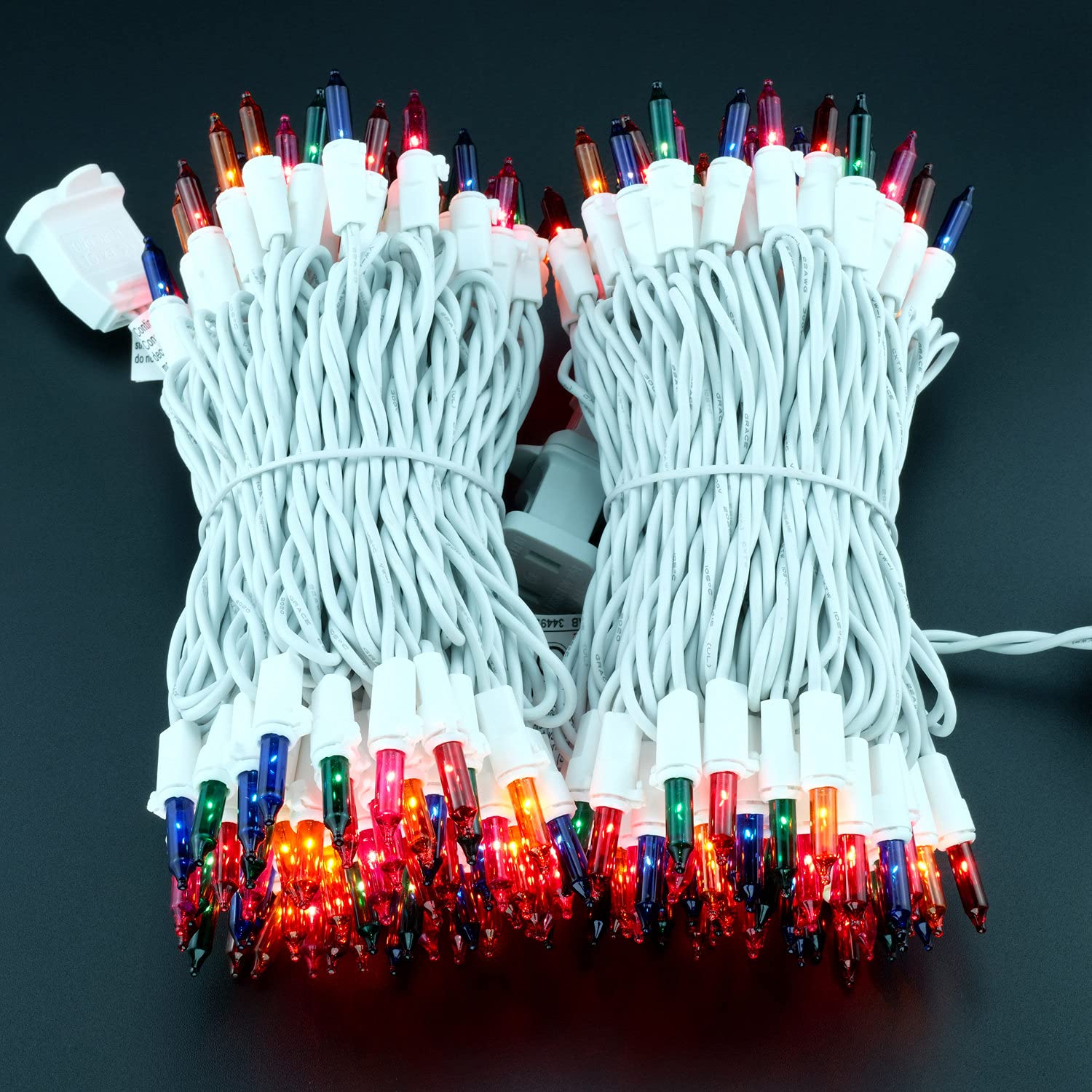 YULETIME Multicolor Christmas Lights, 200 Count, 66 Feet, UL Certified, Incandescent Mini Light Set, Model DDS-L-100E/2F, White Wire