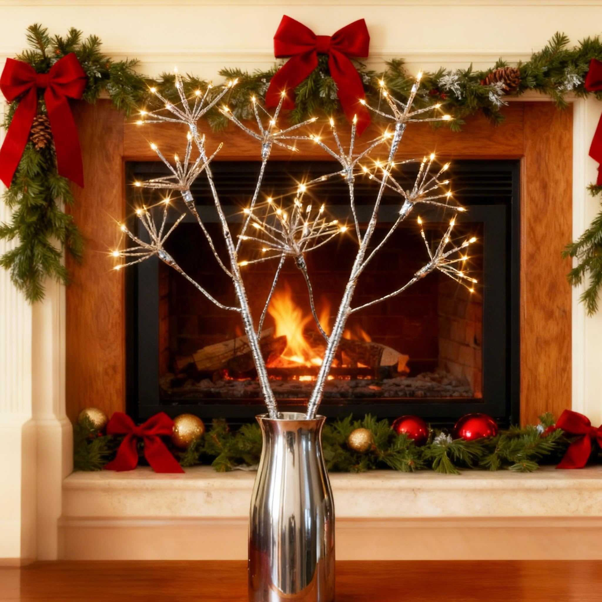 Hairui Lighted Silvery Starburst Branches With Timer 32In 100 Led Fairy Lights Battery Operated Or Usb Plug In  Willow Branch Lights For Home Fireplace Table Christmas Decoration Indoor Outdoor Use