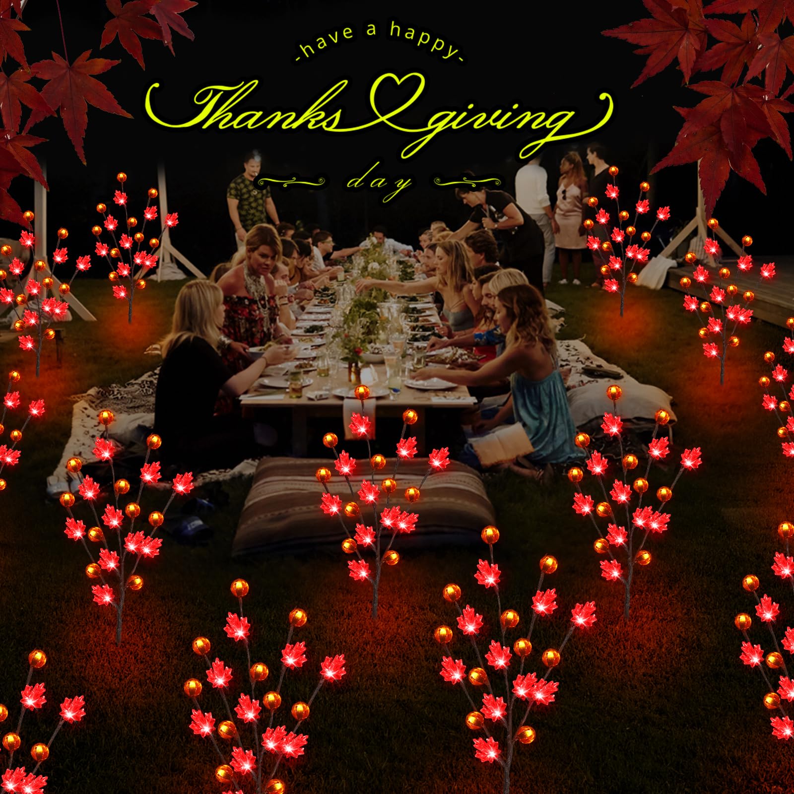 Behiller Solar Garden Path Lights, 80Led Red Maple Leaf & Pumpkin Decor For Thanksgiving 4Pack