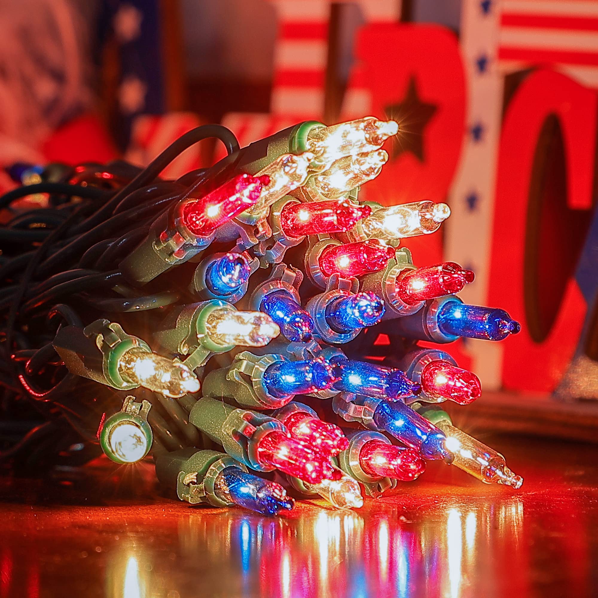 mimigogo Mini String Lights, 50 Count, Red White Blue, 13ft, Waterproof, Incandescent, Model QX-50-1-Mseries