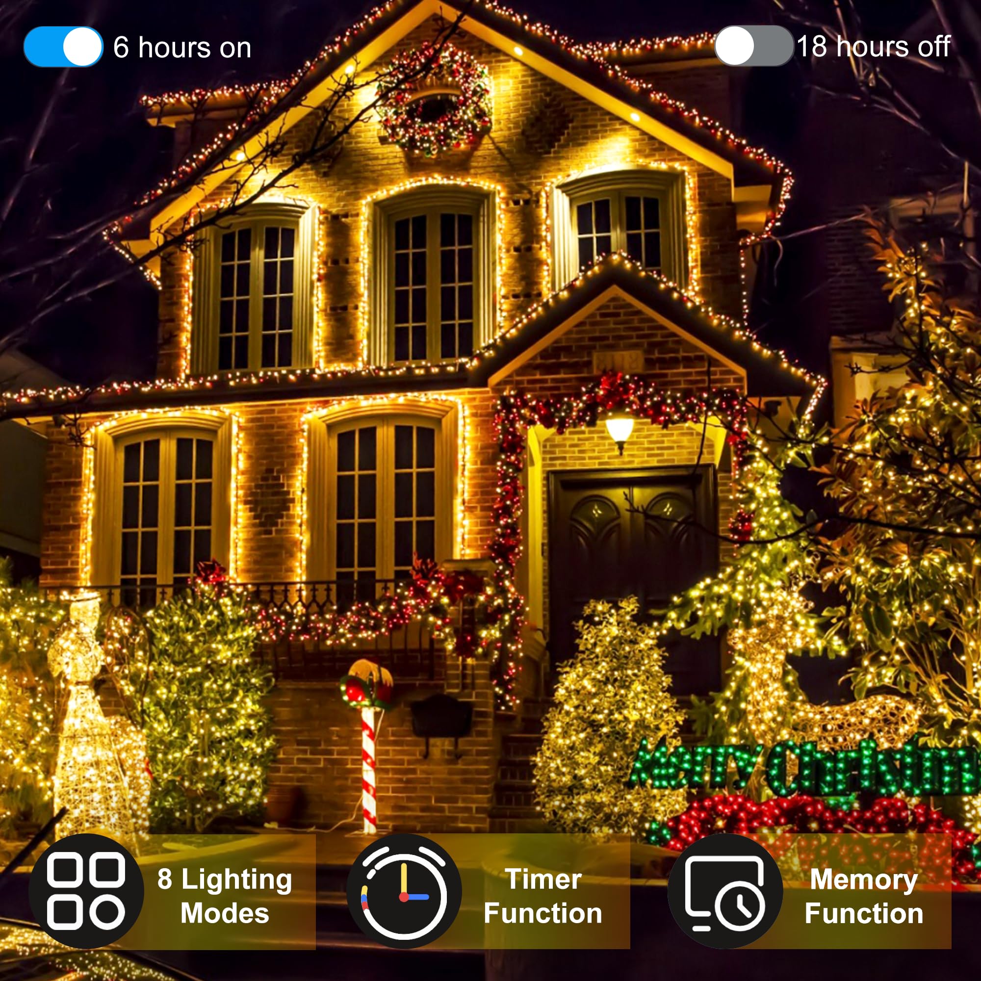 HRANBOTY Christmas Lights Outdoor 492FT 1300 LED Warm White Waterproof with Timer & Memory Function, Model HS-1300L