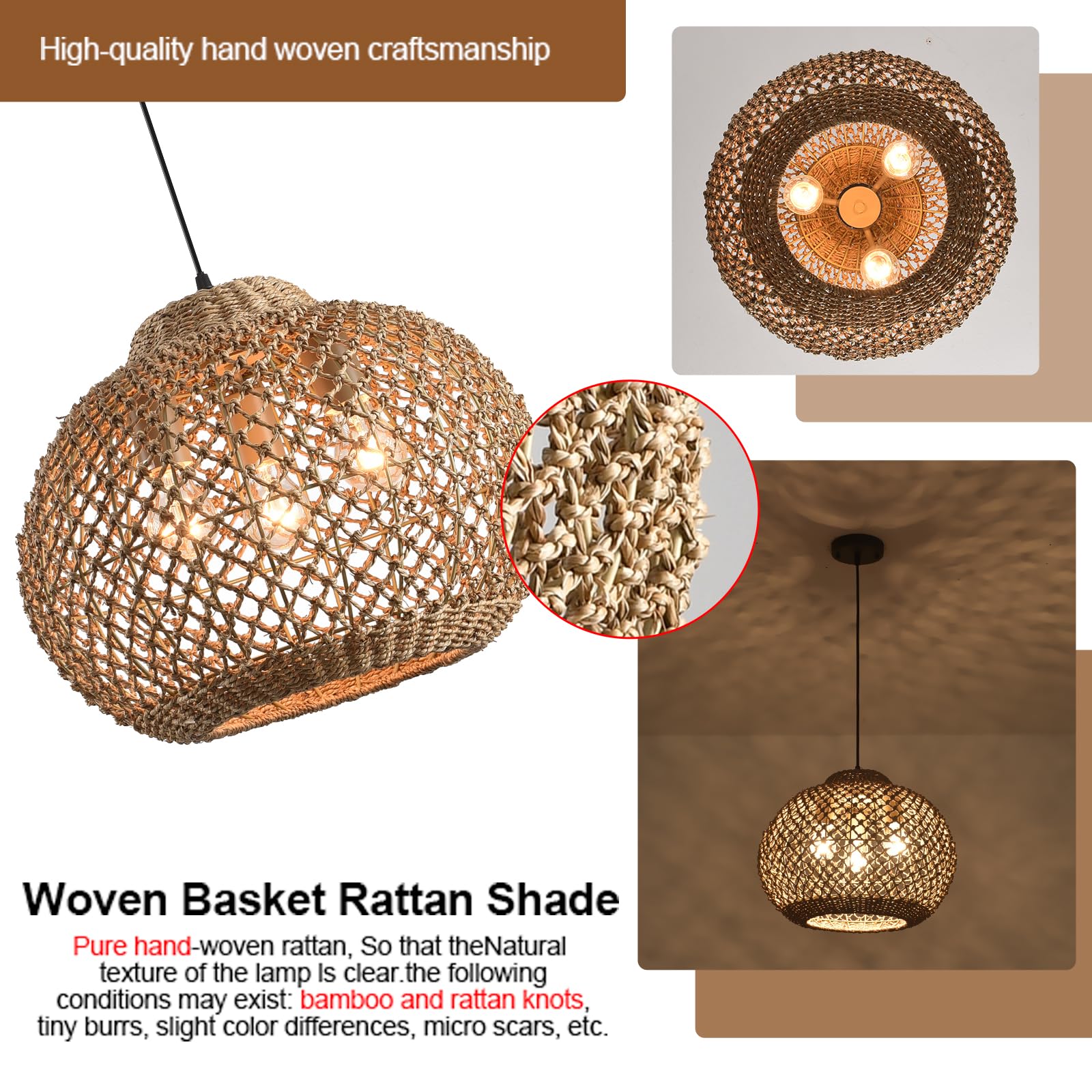 Teru Ji Kaikang 17'' Rattan Pendant Light,3-Light Boho Hand Woven Wicker Seagrass Hanging Light Water Plants Rattan Chandelier F