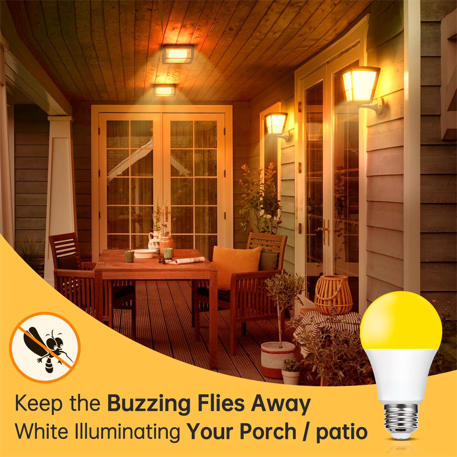Baczao 9W Dusk to Dawn Amber Bug Light Bulbs, Auto Sensor, E26 Base, 2 Pack