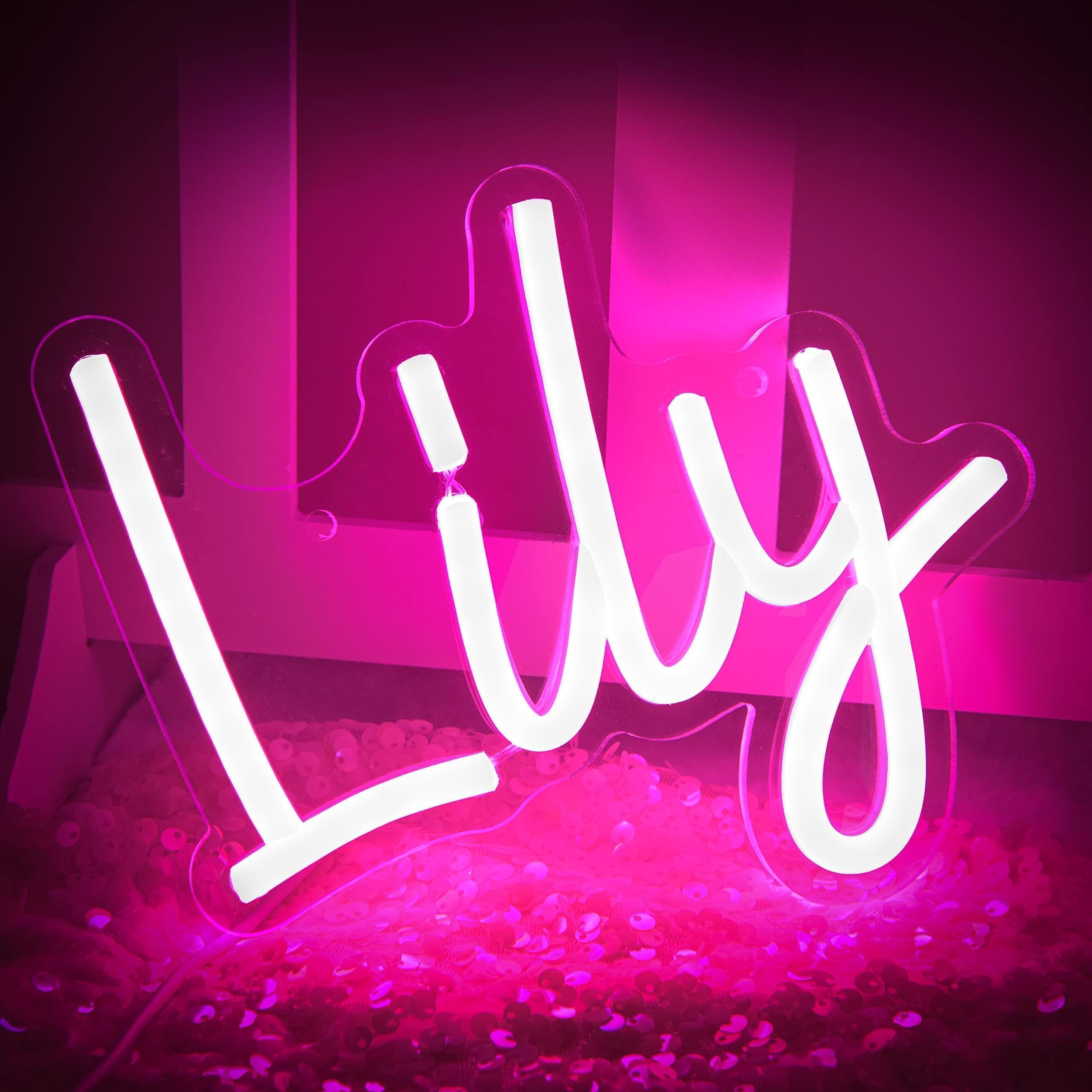 attneon Lily Name Neon Sign - LED Wall Decor for Kids, Pink, 9x6.7 inch, Model JTLD400