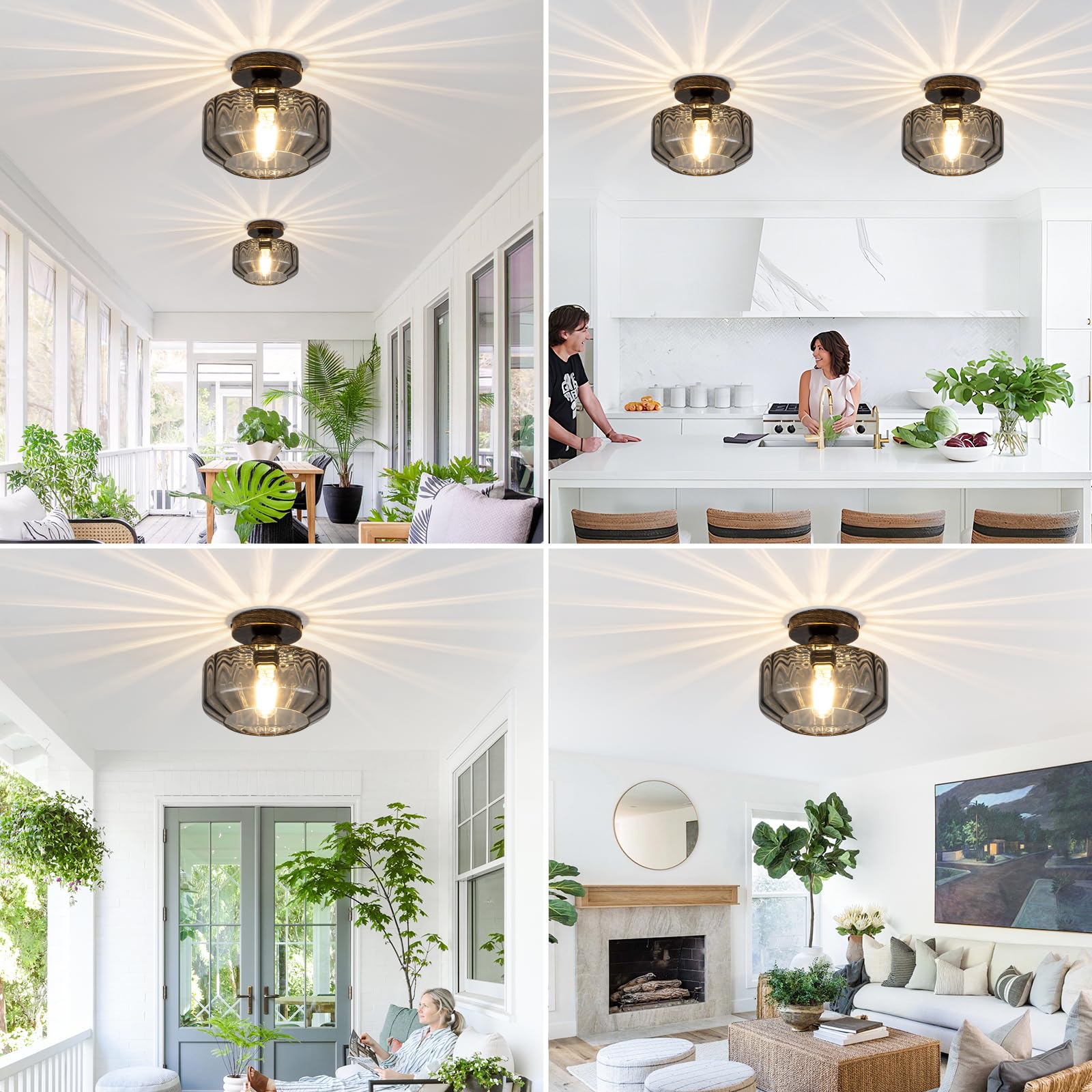 Tbaoinla Smoked Glass Flush Mount Ceiling Light With 1200Lm Led - Black Champagne Gold 8.66 Damp Rated Fixture For Bathroom Kitchen Hallway Modern Lighting