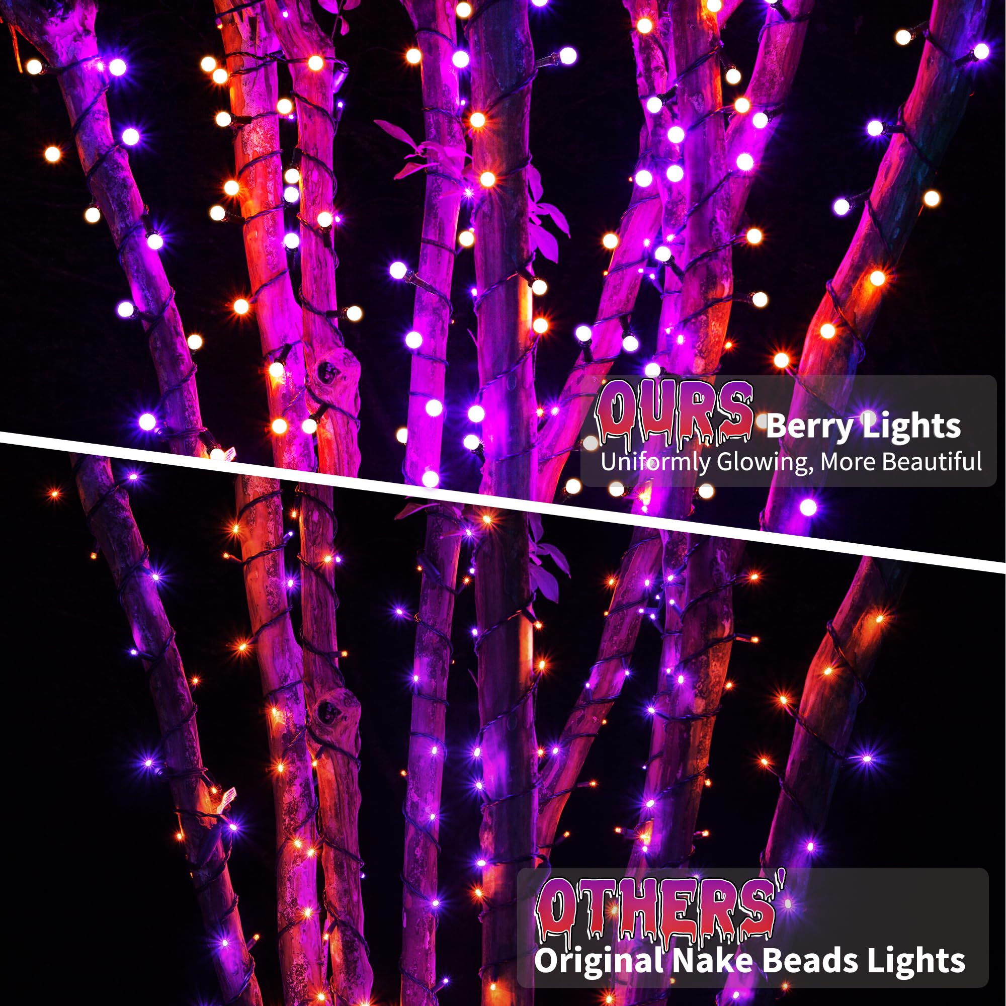 Odeetronic Halloween Lights, 65.6Ft 200 Led Purple & Orange Globe String Lights, Connectable Berry String Lights, 8 Modes Ball Lights With Timer, Outdoor Halloween Lights For Graden Tree Party Bedroom