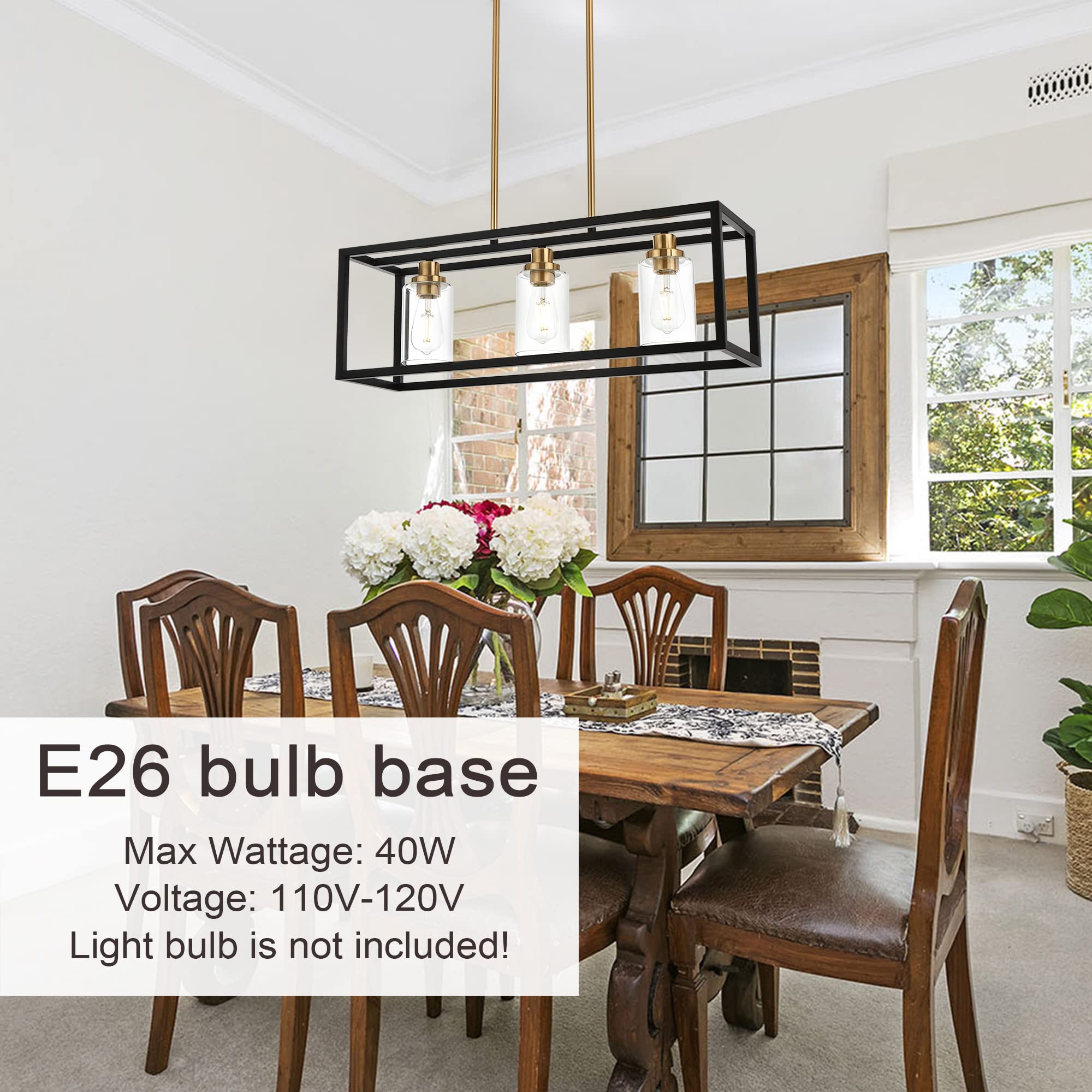 MELUCEE Modern Island Light, 3 Lights Linear Pendant, Black and Brushed Brass, 26 inches, Clear Glass Shade, E26 Base