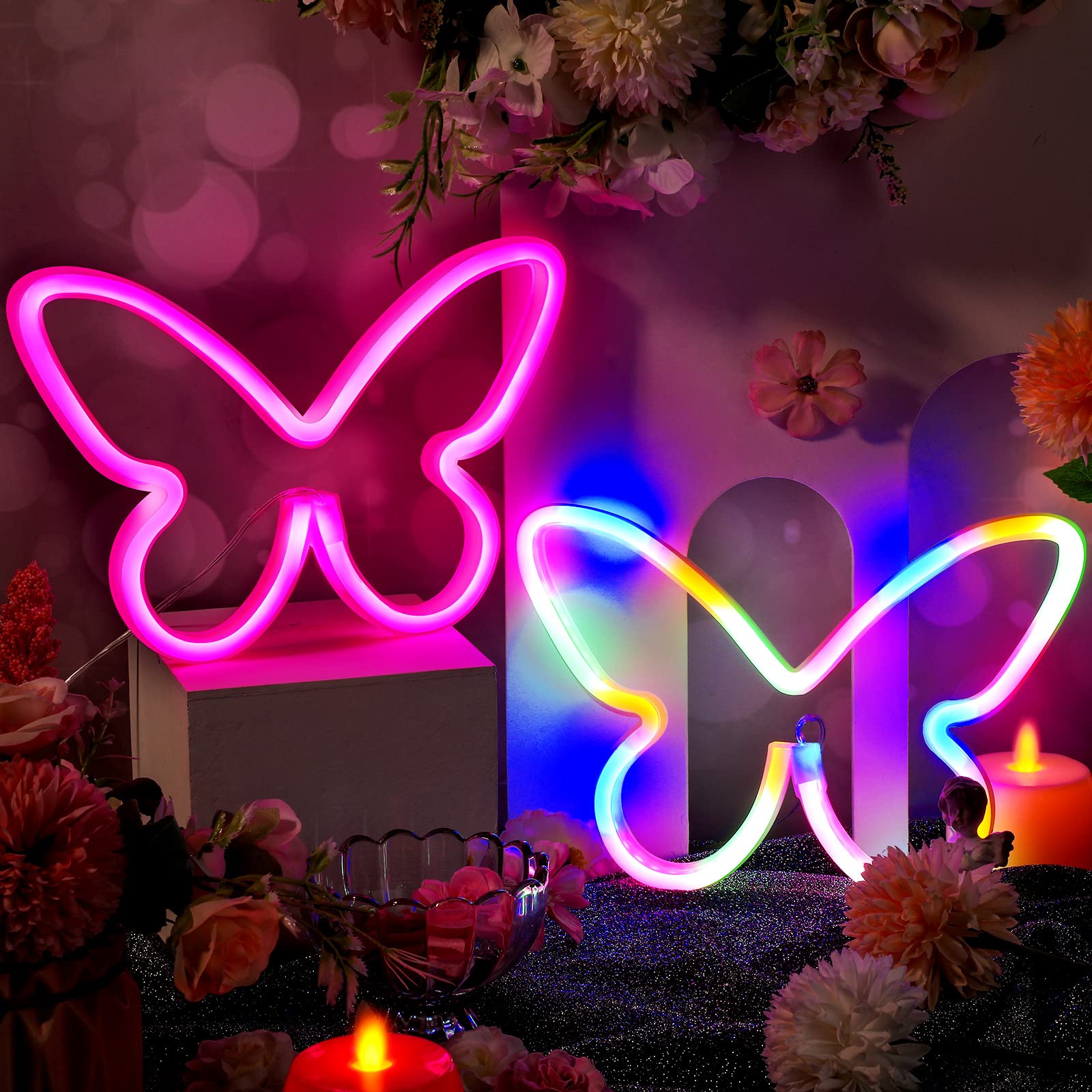 Riakrum Butterfly Neon LED Light Decor - 2 Pcs, USB Powered, Pink & Colorful, Model: Riakrum-Butterfly LED Light-781