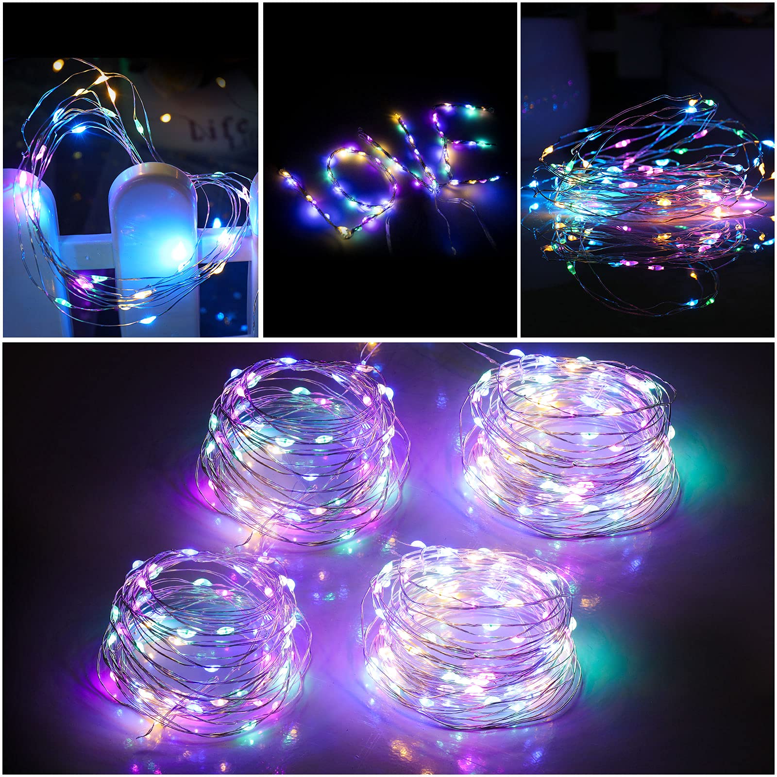 Mandiq Fairy Lights 4 Pack, 10ft String Lights with 30 LEDs, Battery Operated, Multicolor, Silver Wire, Flashing and Constant Light Mode