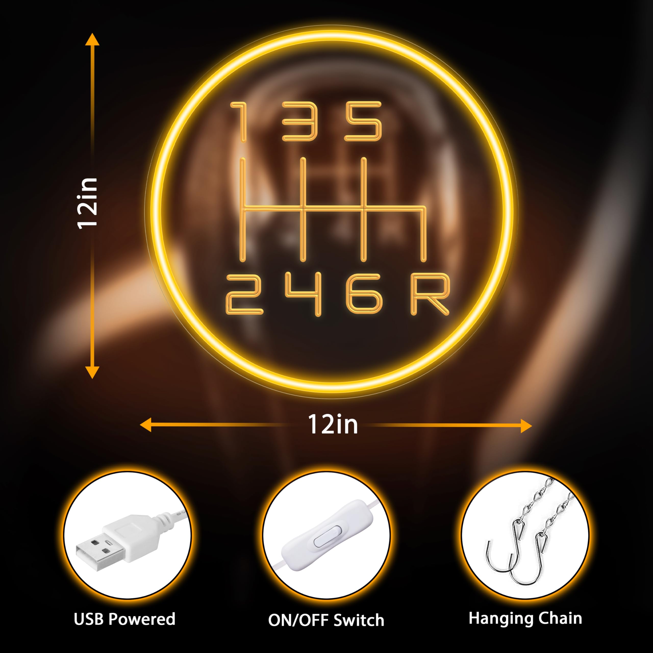 Kavaas Neon Garage Sign - 3D Engraved Gear Shift LED Decor, Gold Yellow - Perfect for Car Rooms, Auto Workshops, and Man Caves