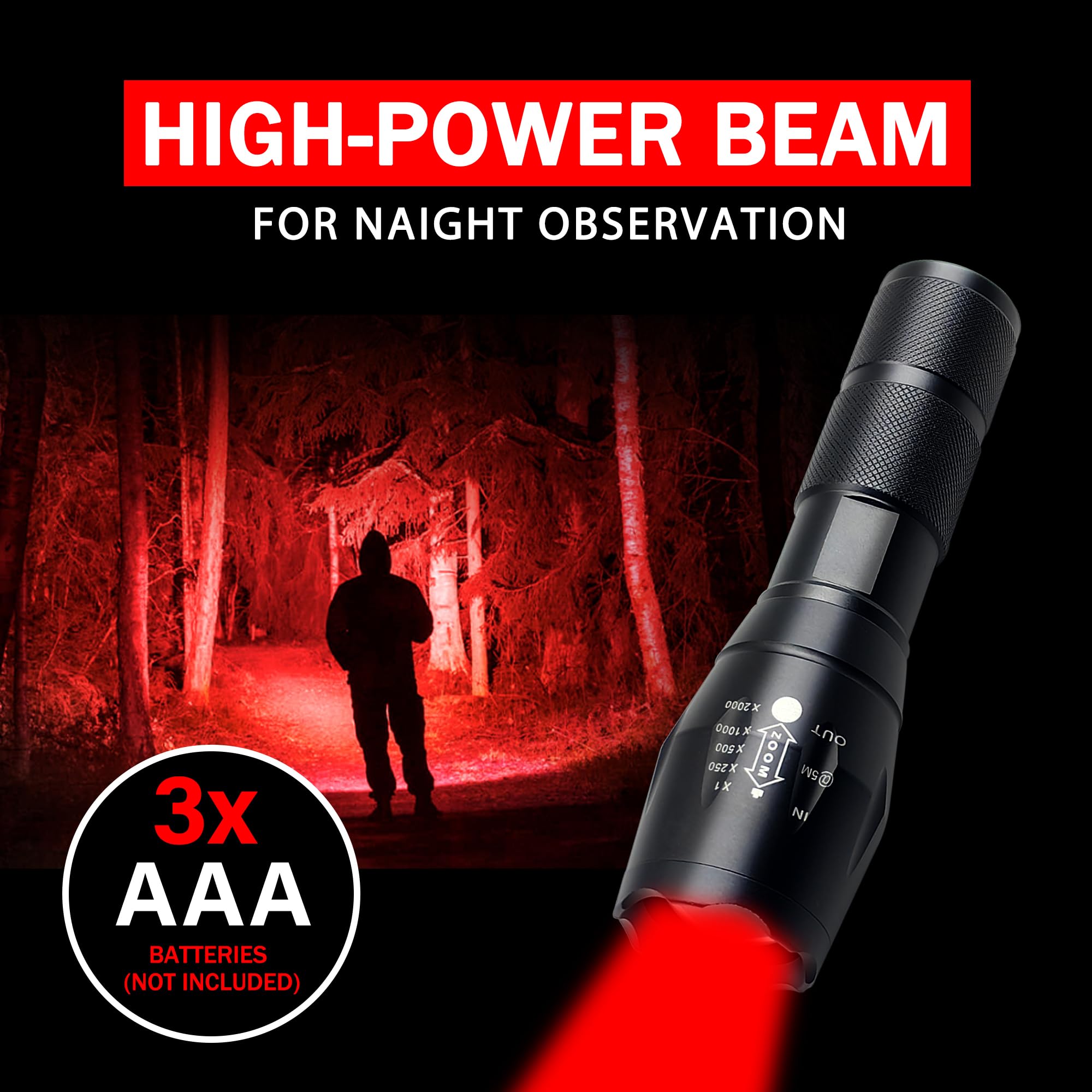 Souyos High Power Red LED Flashlight, Zoomable Long Range, Aluminum, Model: Souyos-GRBV2537, Red Light