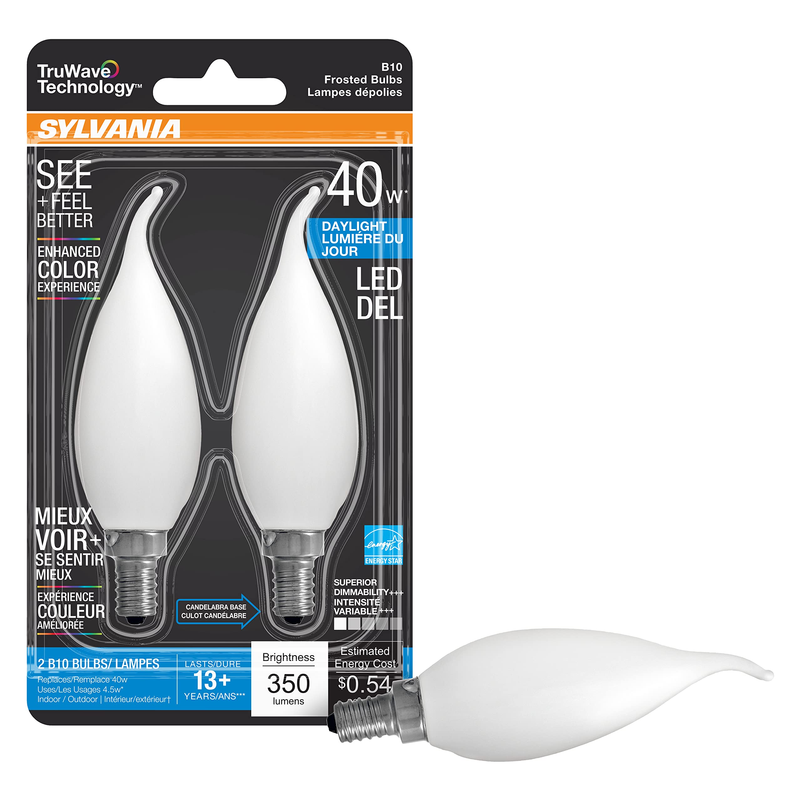 Sylvania Led Truwave Natural Series Candelabra Base Light Bulb, 40W Daylight, Dimmable, Frosted, Candle Tip - 2 Pack
