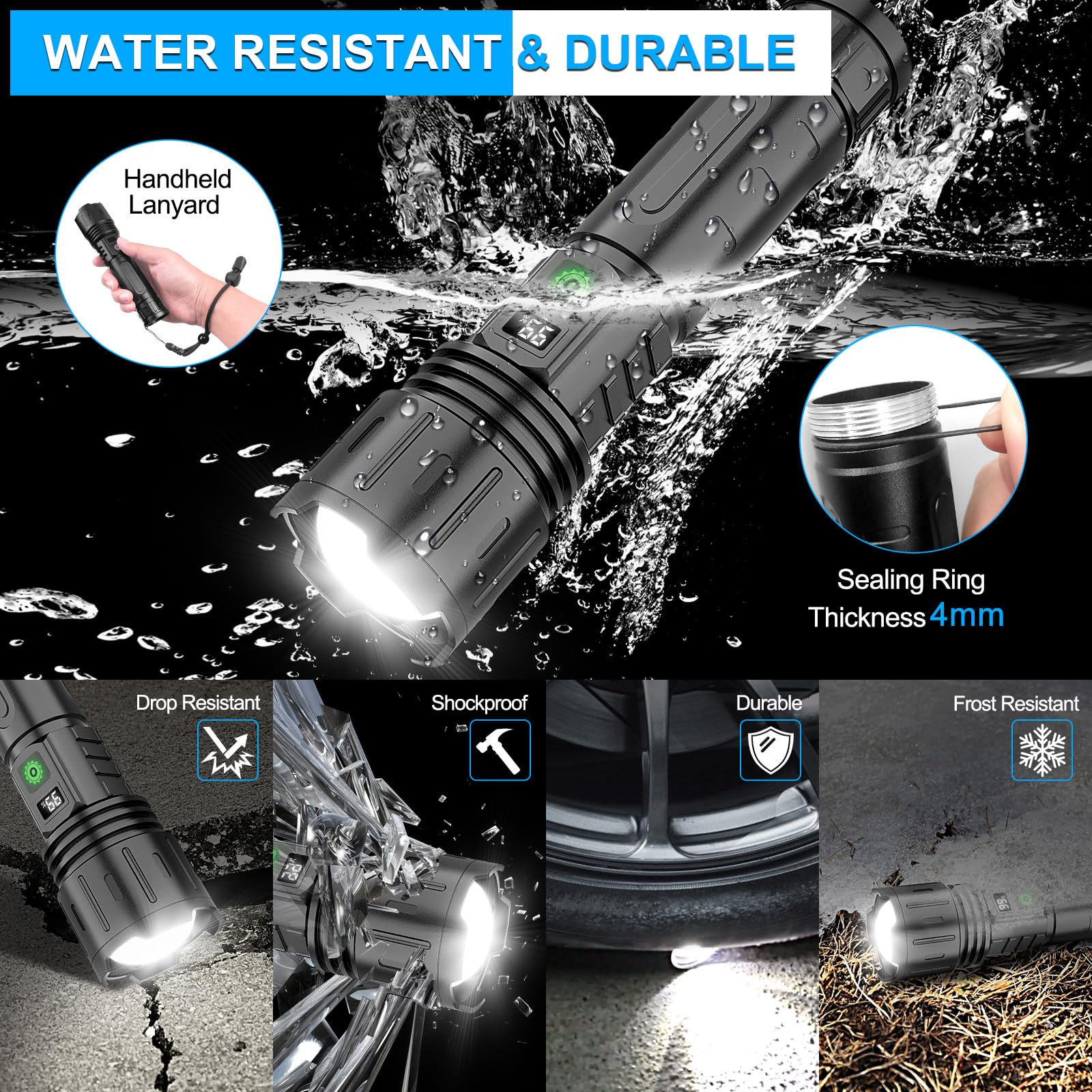 Rechargeable Led Flashlights High Lumens,20000 Lumens &1500 Meters Super Bright Tactical Flashlight With 5 Modes,Waterproof,Powe