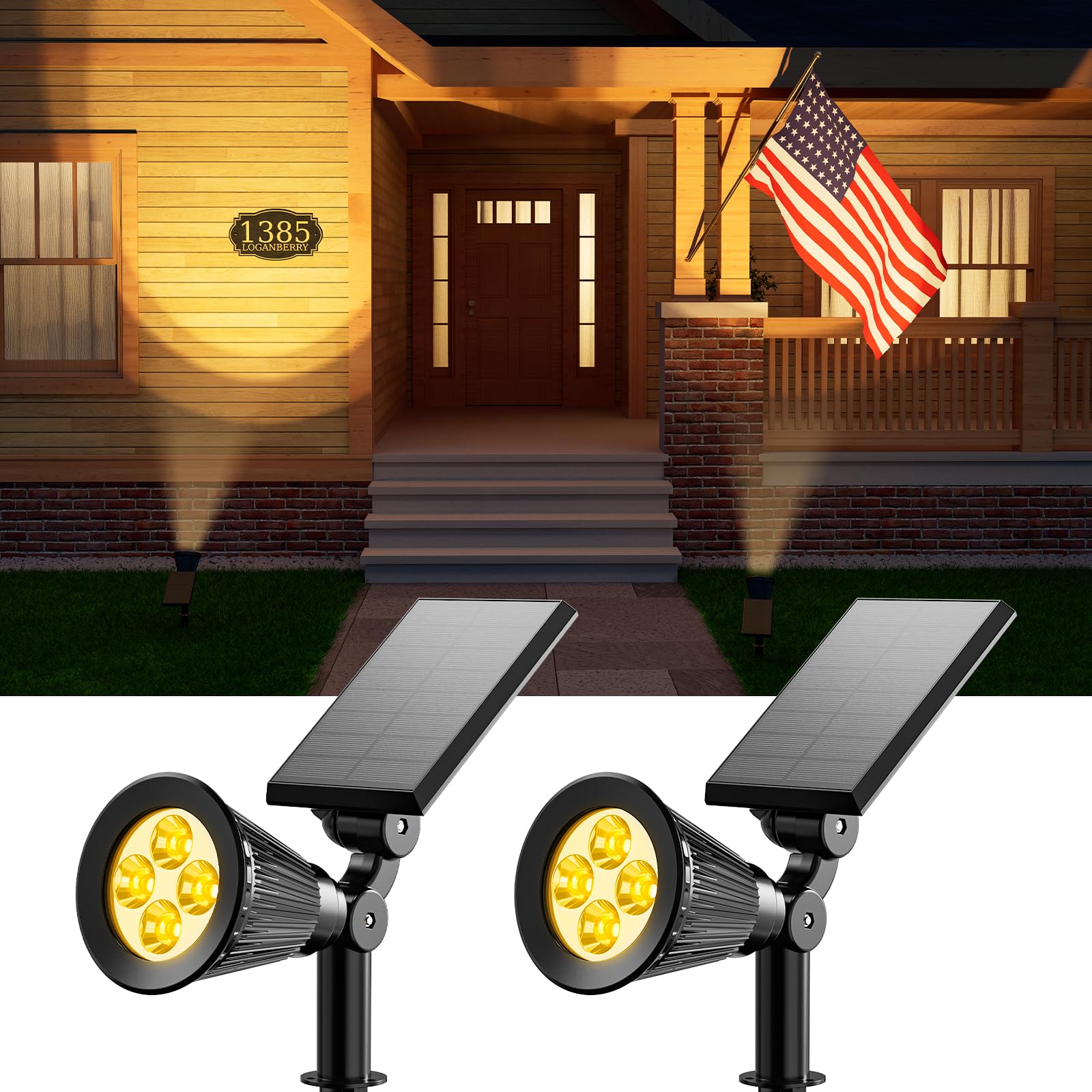 2 Pack Solar Spotlights Outdoor Waterproof for Flag, Tree, Statue, Wooden Sign, Plant Pot, Bright LED Outside Landscape Flood La