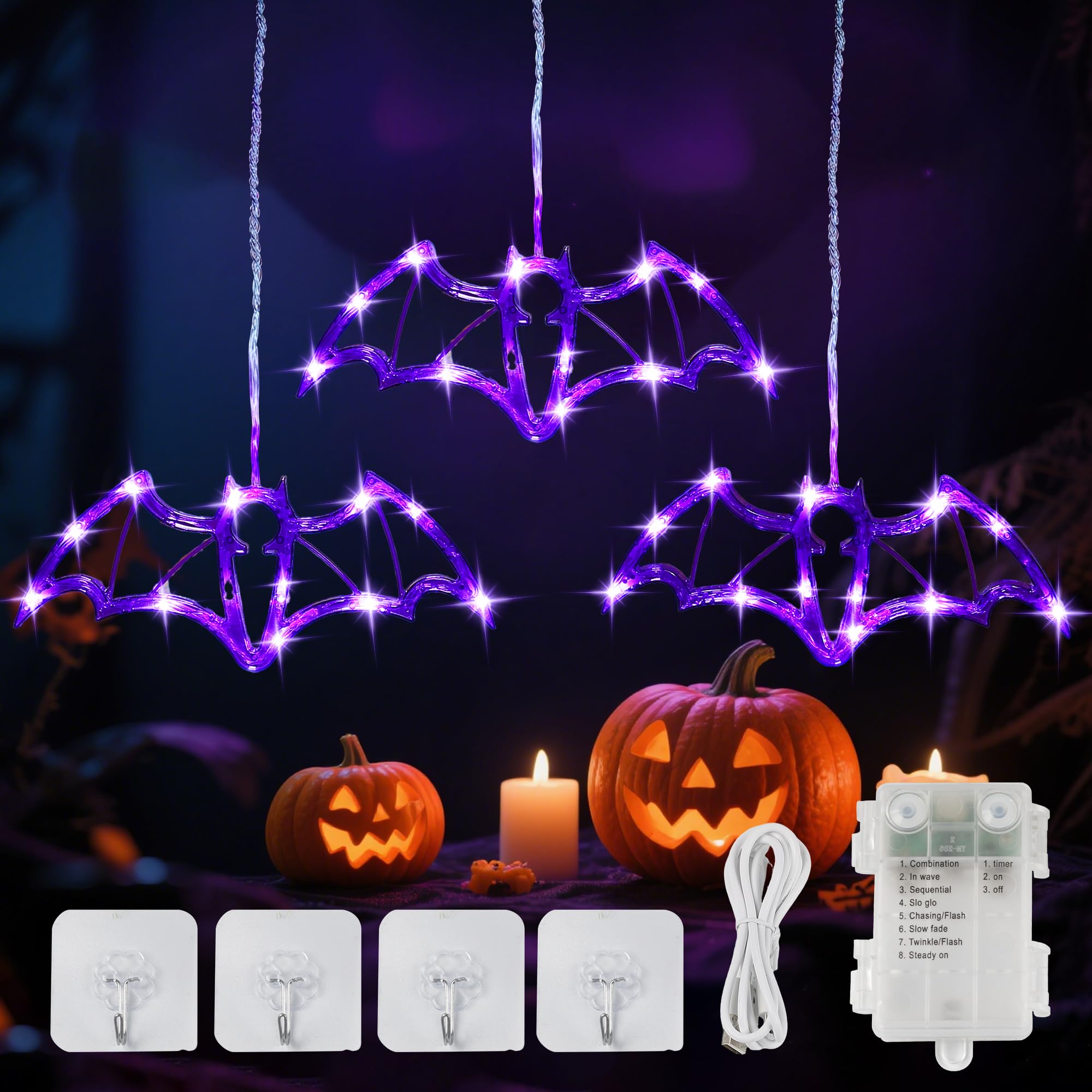 YOUNGAR Halloween Bat Window Lights, 5FT 36 LED Battery/USB Powered with Timer, Waterproof with 8 Modes Memory for Home Bedroom 